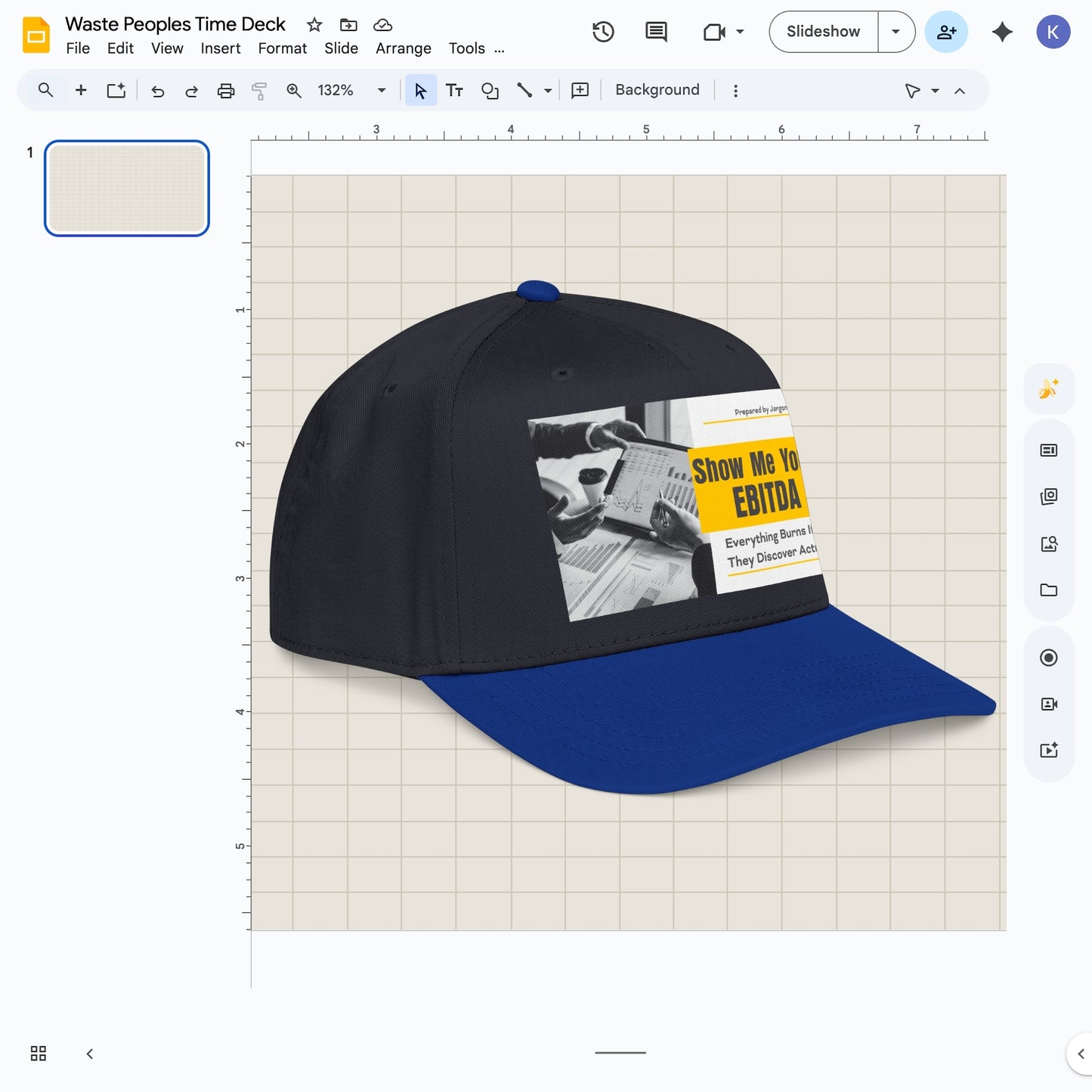 Jargon Junkie navy and royal blue baseball cap angled view with Show Me Your EBITDA graphic corporate finance humor design