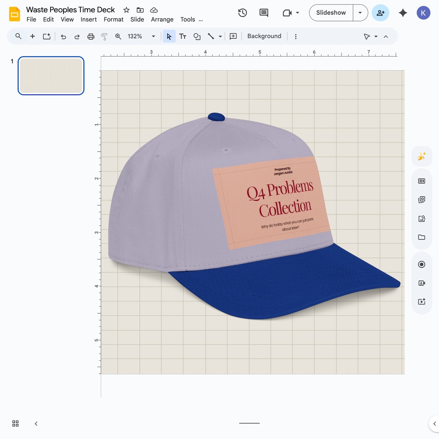 Jargon Junkie gray and royal blue baseball cap with Q4 Problems Collection graphic corporate humor design