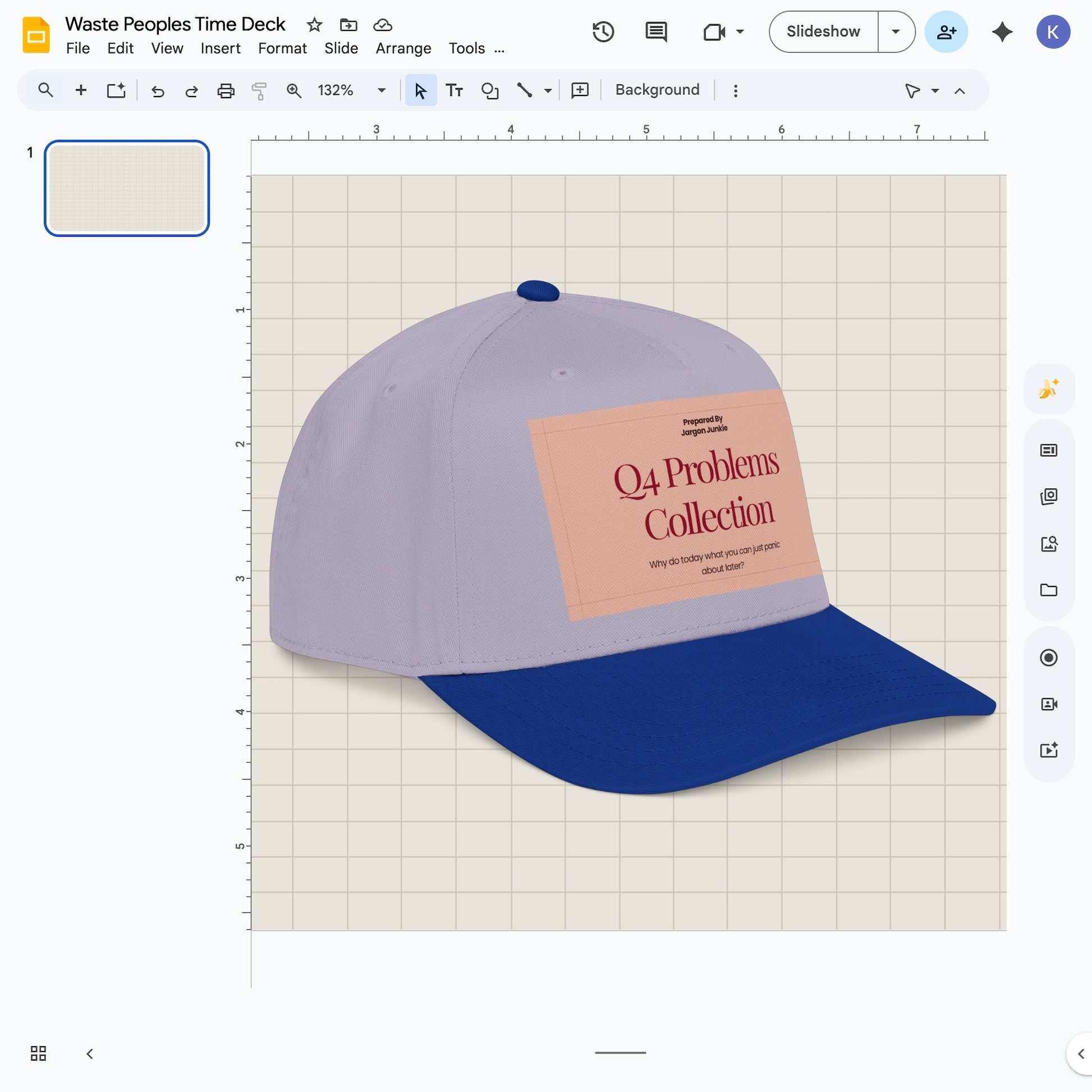 Jargon Junkie gray and royal blue baseball cap with Q4 Problems Collection graphic corporate humor design