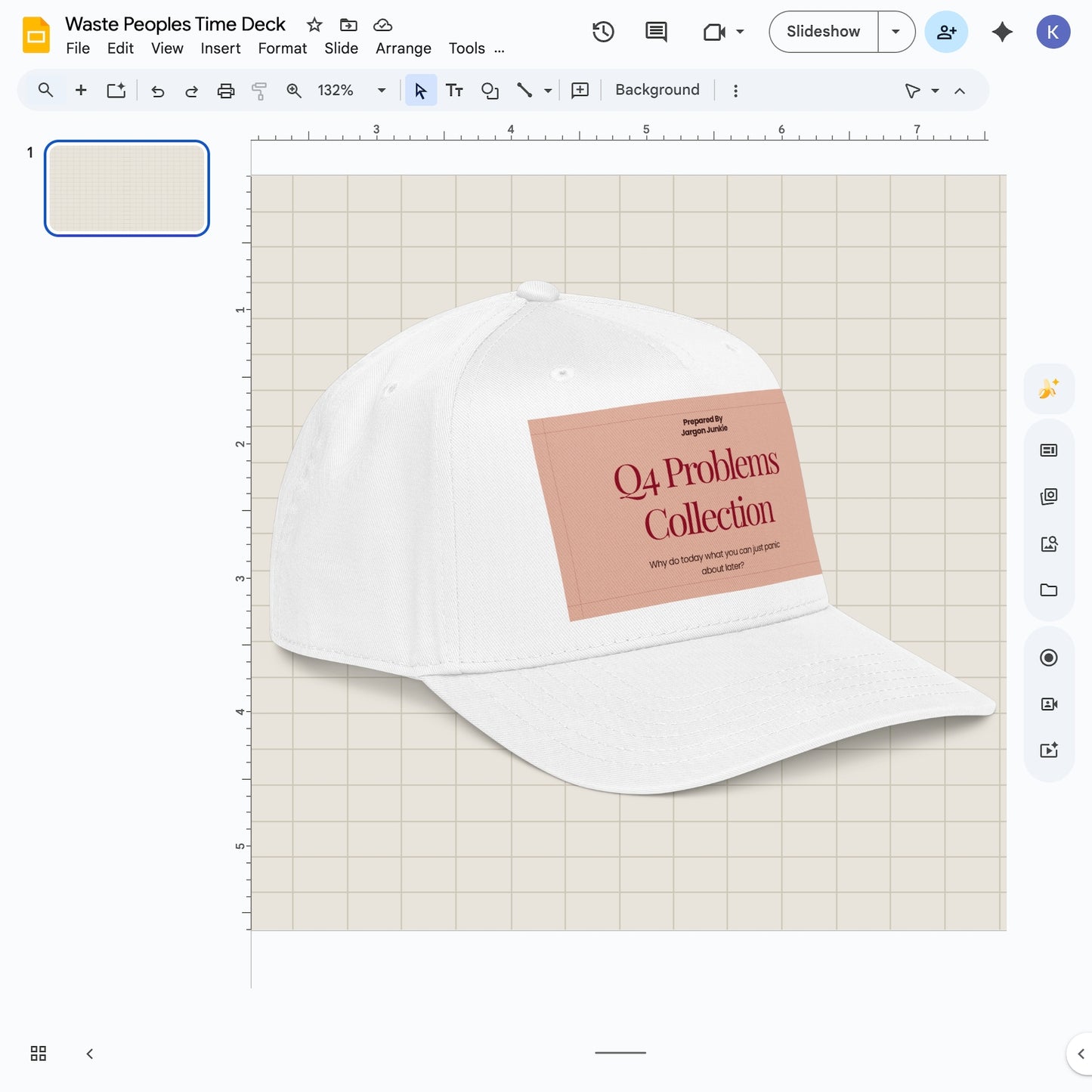 Jargon Junkie white baseball cap with Q4 Problems Collection graphic corporate humor design