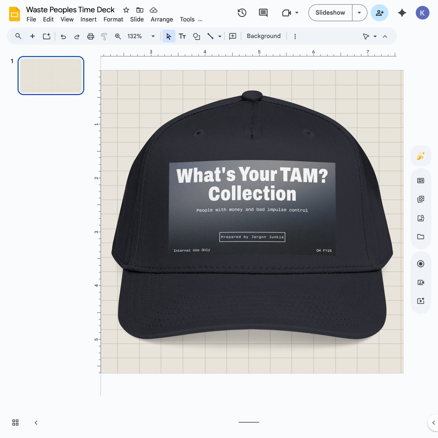 Jargon Junkie navy blue baseball cap front view with What's Your TAM Collection graphic corporate humor design