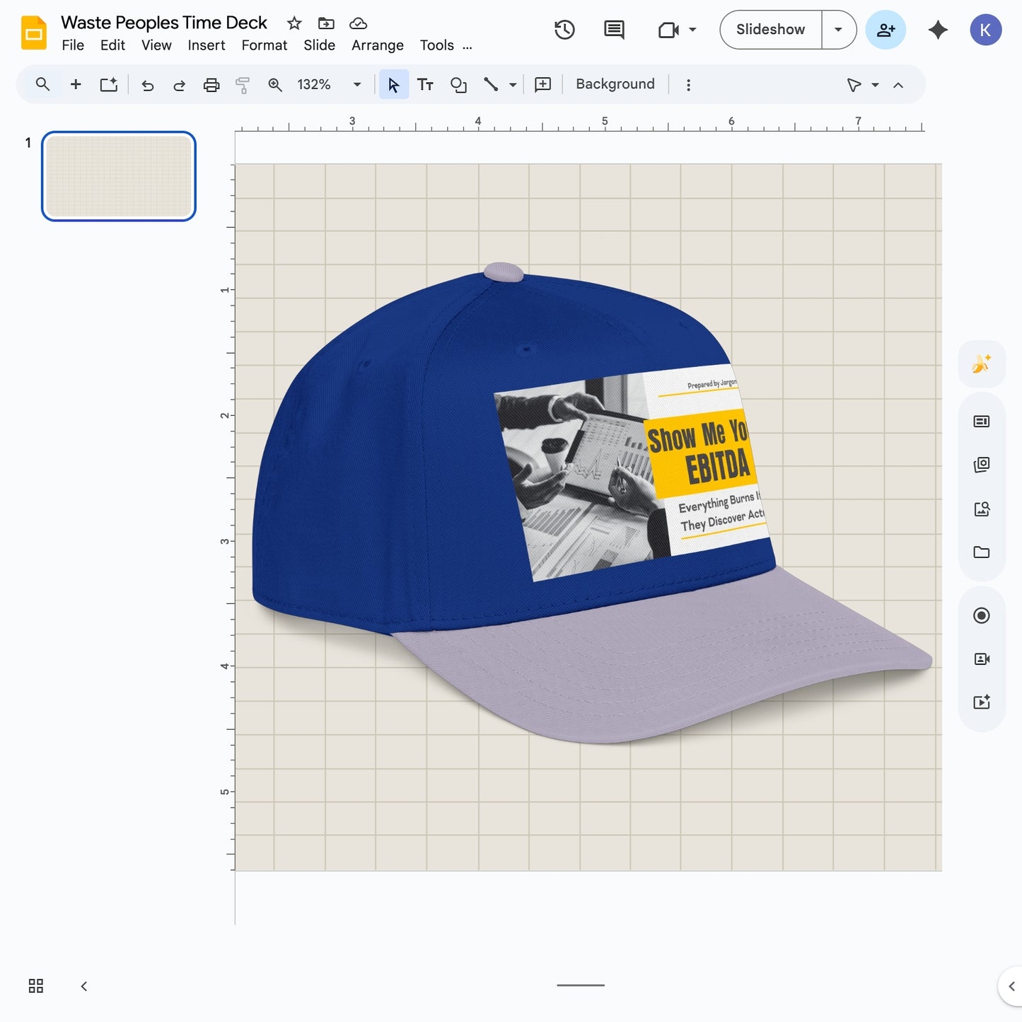 Jargon Junkie royal blue and lavender baseball cap angled view with Show Me Your EBITDA graphic corporate finance humor design