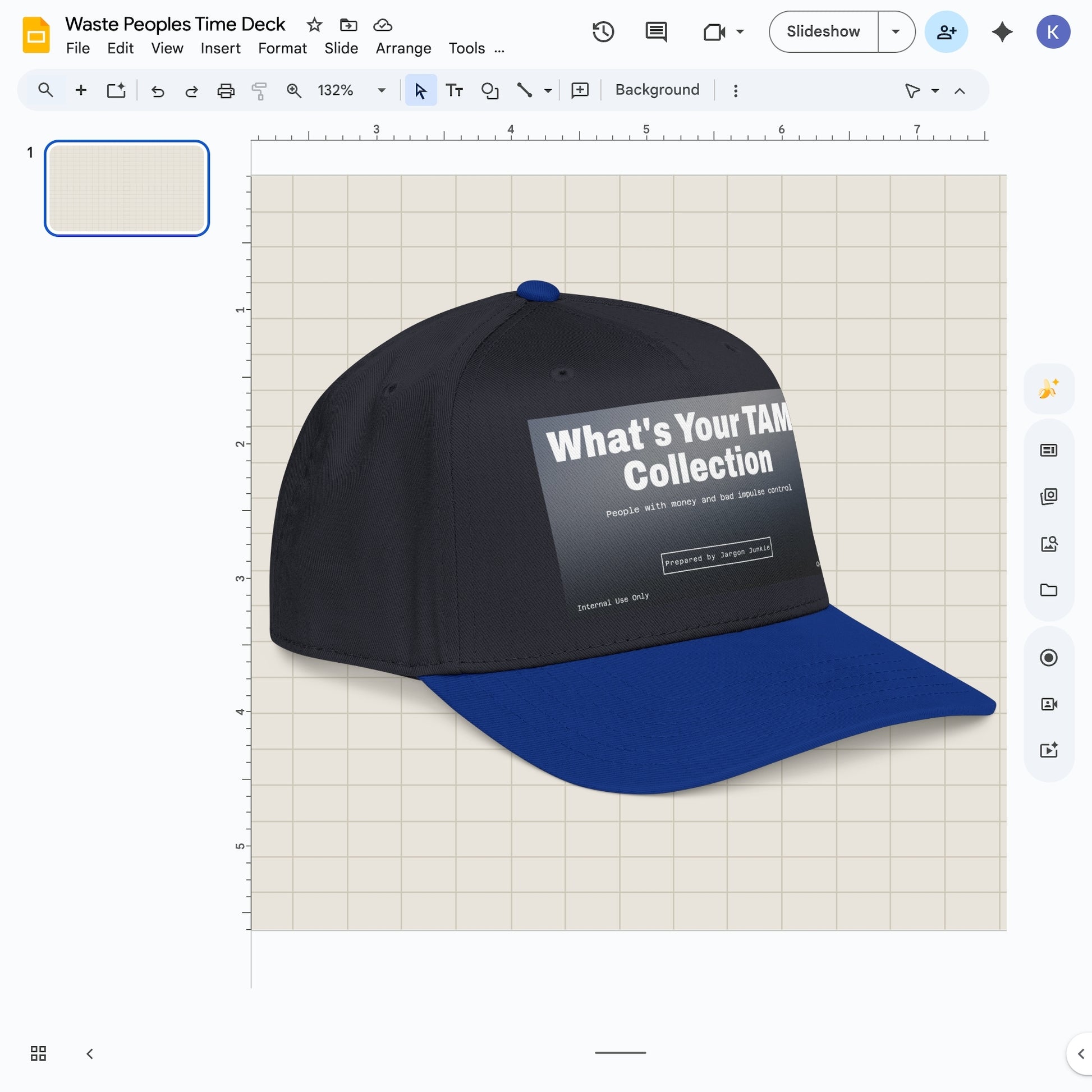 Jargon Junkie navy blue and royal blue baseball cap angled view with What's Your TAM Collection graphic corporate humor design