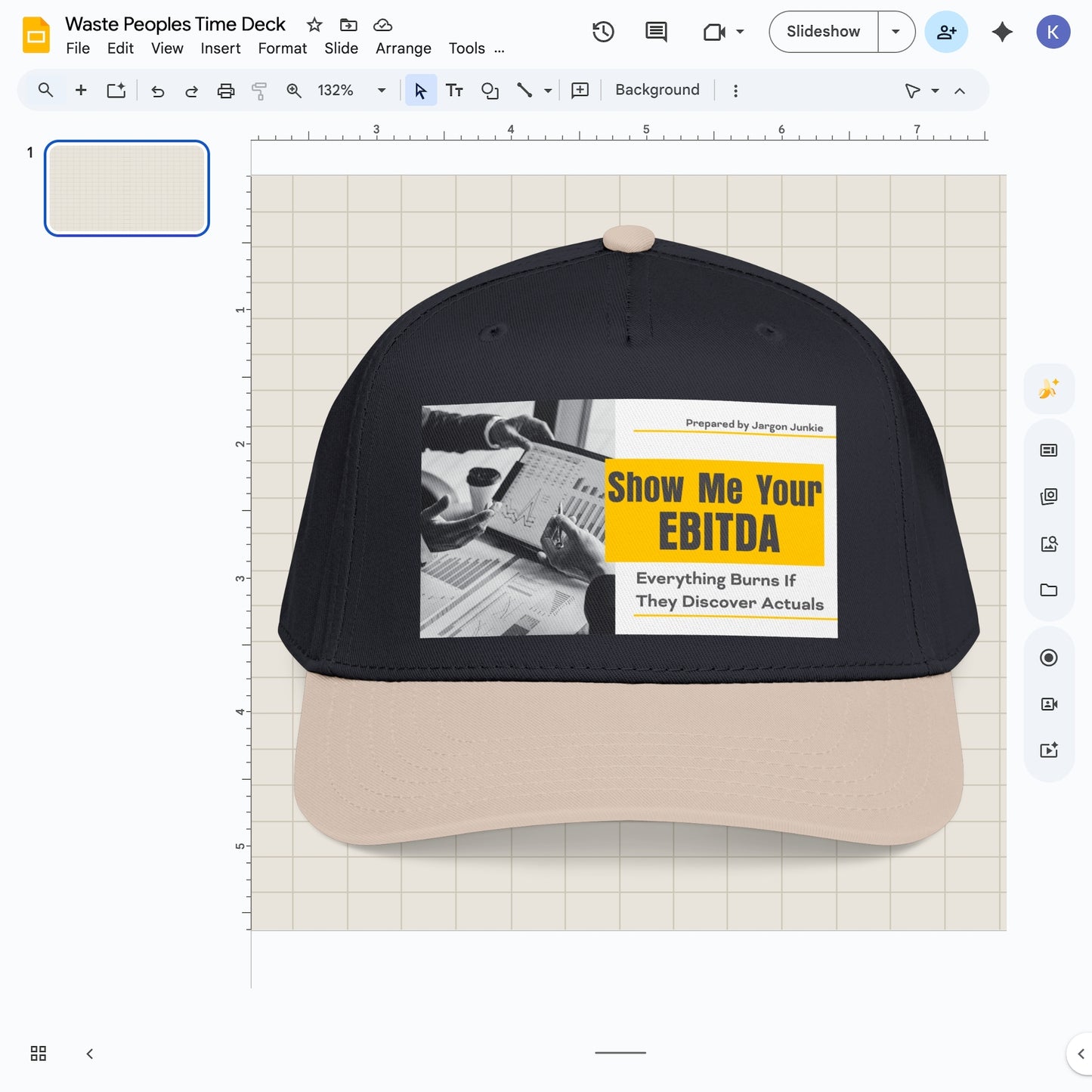 Jargon Junkie navy and khaki baseball cap with Show Me Your EBITDA graphic corporate finance humor design