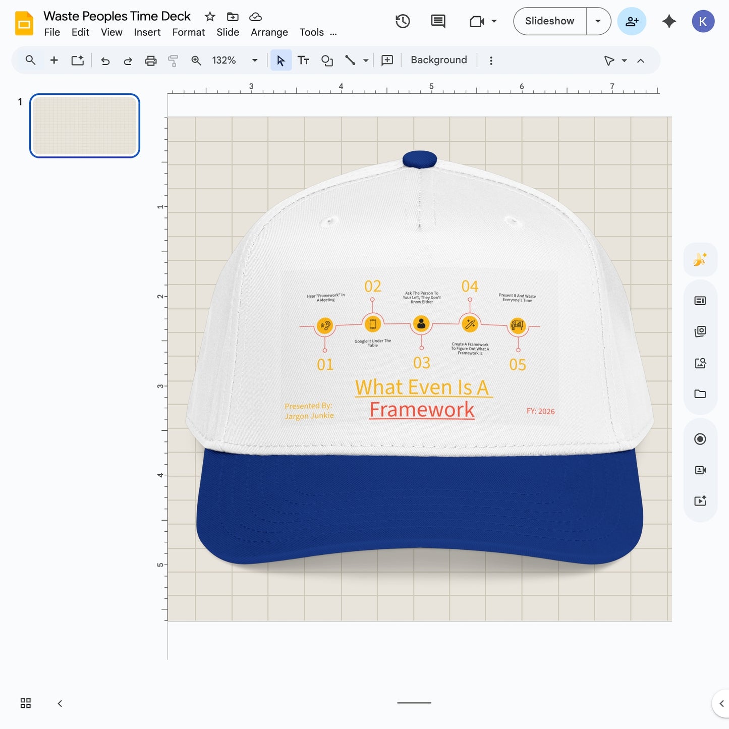 Jargon Junkie white and royal blue baseball cap with What Even Is A Framework graphic corporate jargon humor design