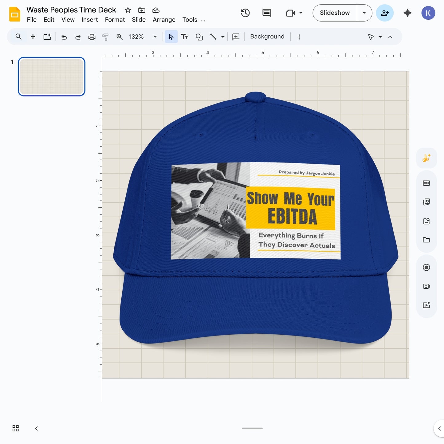 Jargon Junkie royal blue baseball cap with Show Me Your EBITDA graphic corporate finance humor design