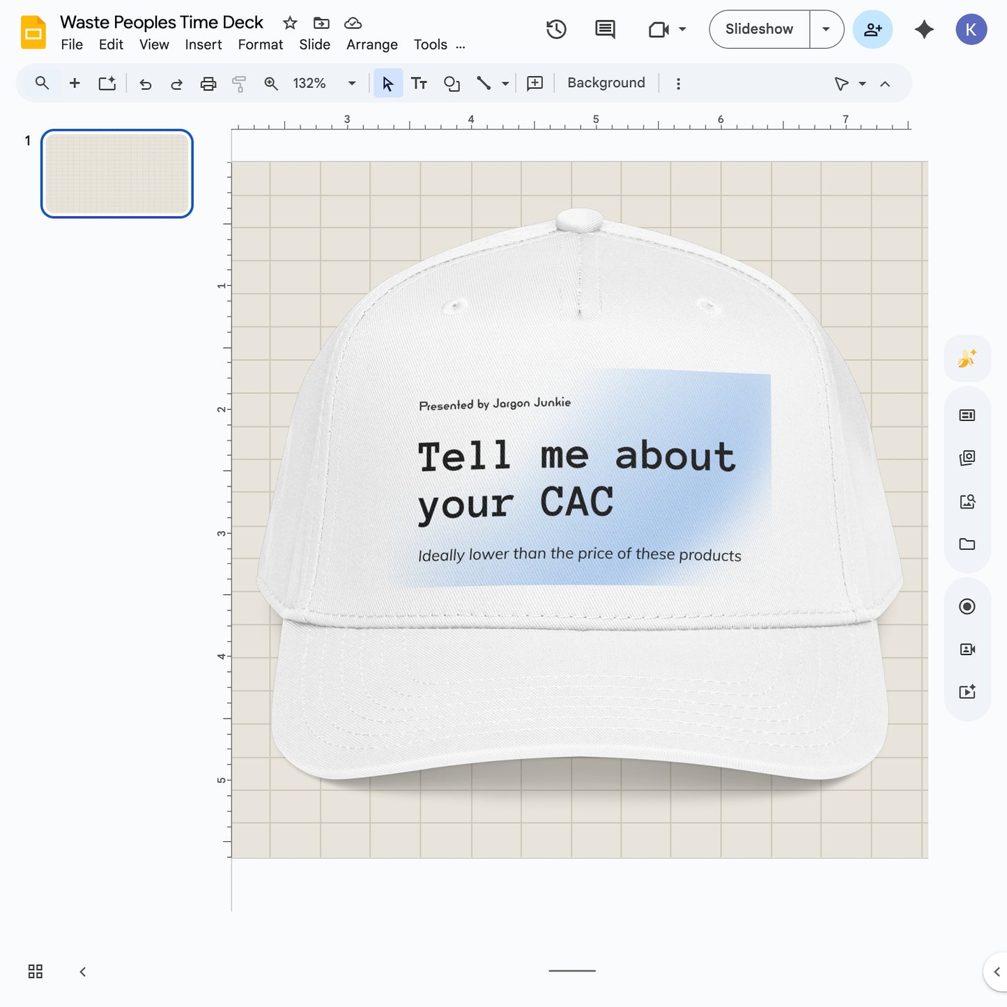 Jargon Junkie white baseball cap with Tell Me About Your CAC graphic corporate humor design