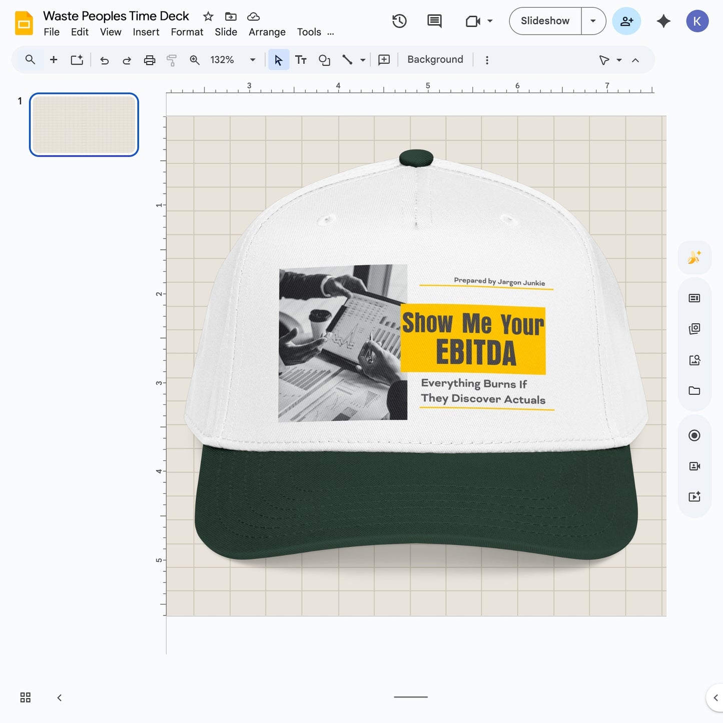 Jargon Junkie white and green baseball cap with Show Me Your EBITDA graphic corporate finance humor design