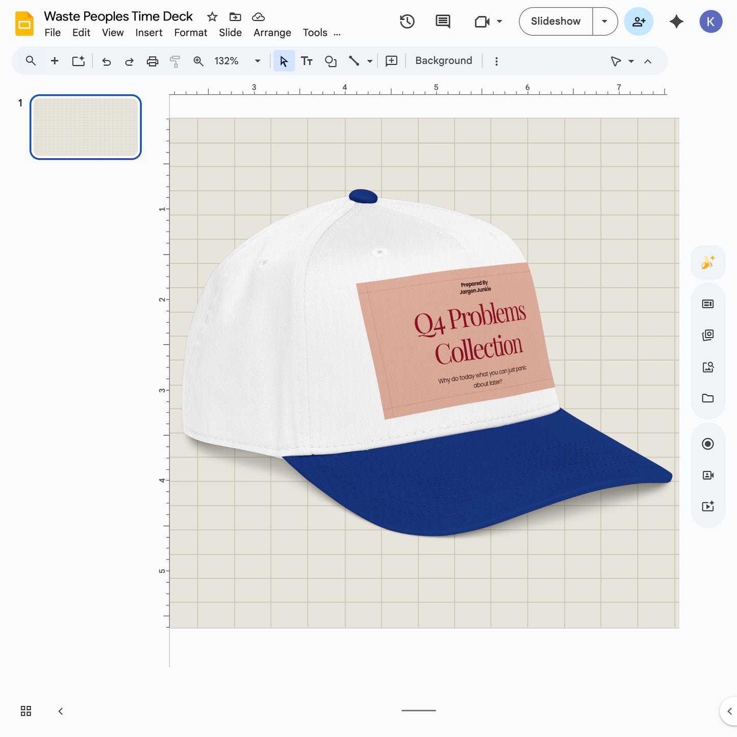 Jargon Junkie white and royal blue baseball cap angled view with Q4 Problems Collection graphic corporate humor design