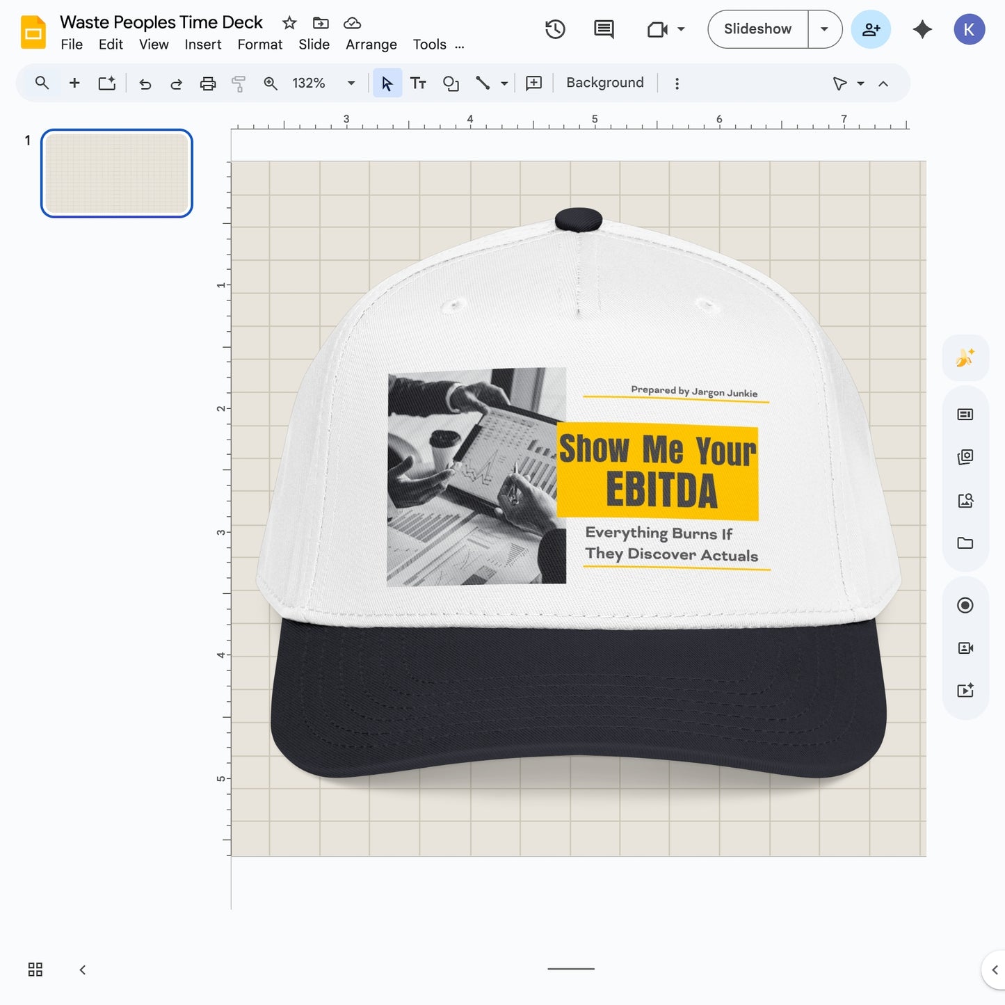 Jargon Junkie white and navy baseball cap with Show Me Your EBITDA graphic corporate finance humor design