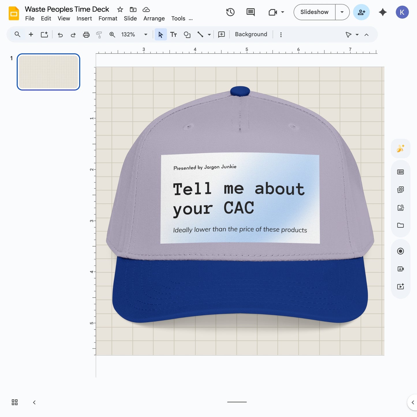 Jargon Junkie gray and royal blue baseball cap with Tell Me About Your CAC graphic corporate humor design