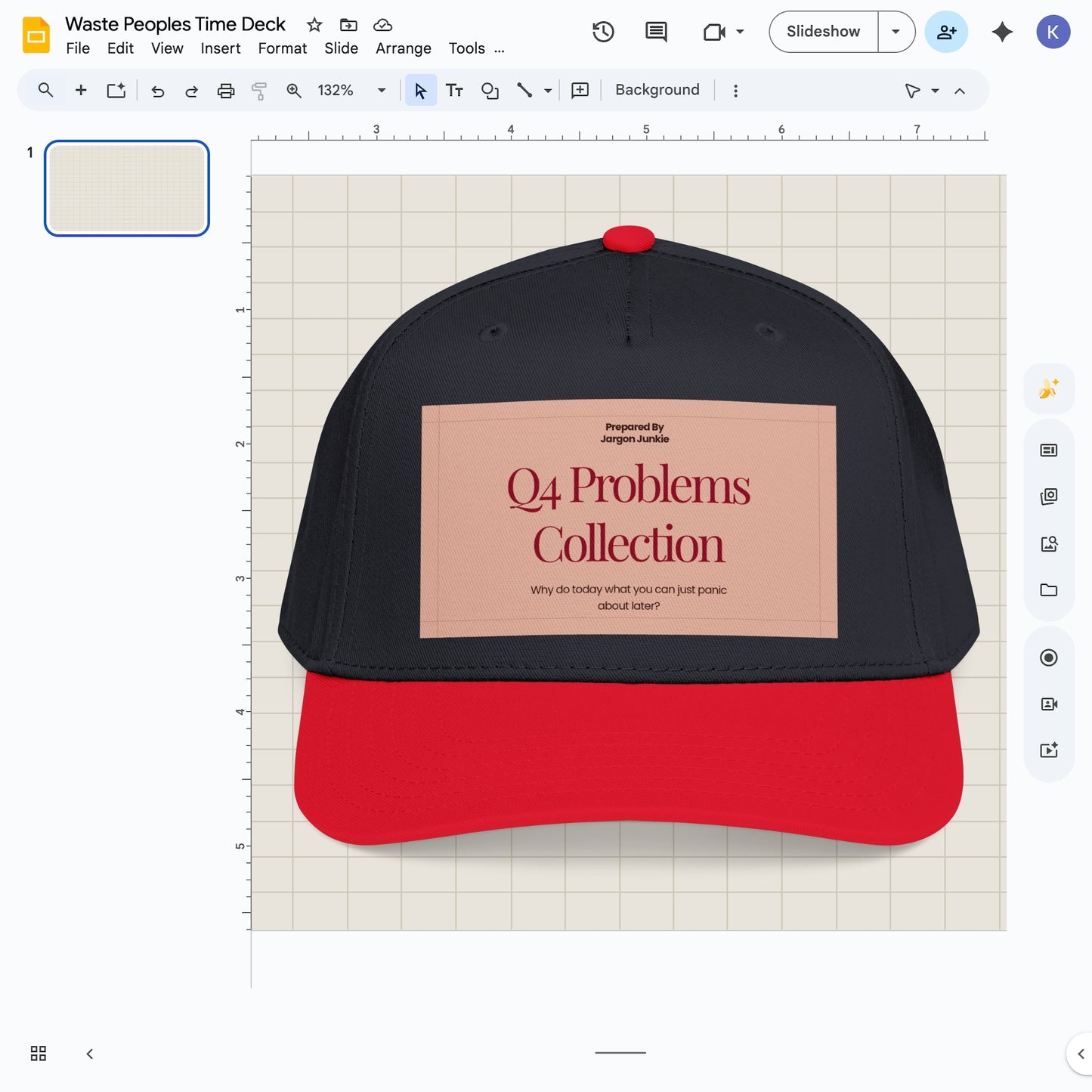 Jargon Junkie navy blue and red baseball cap with Q4 Problems Collection graphic corporate humor design