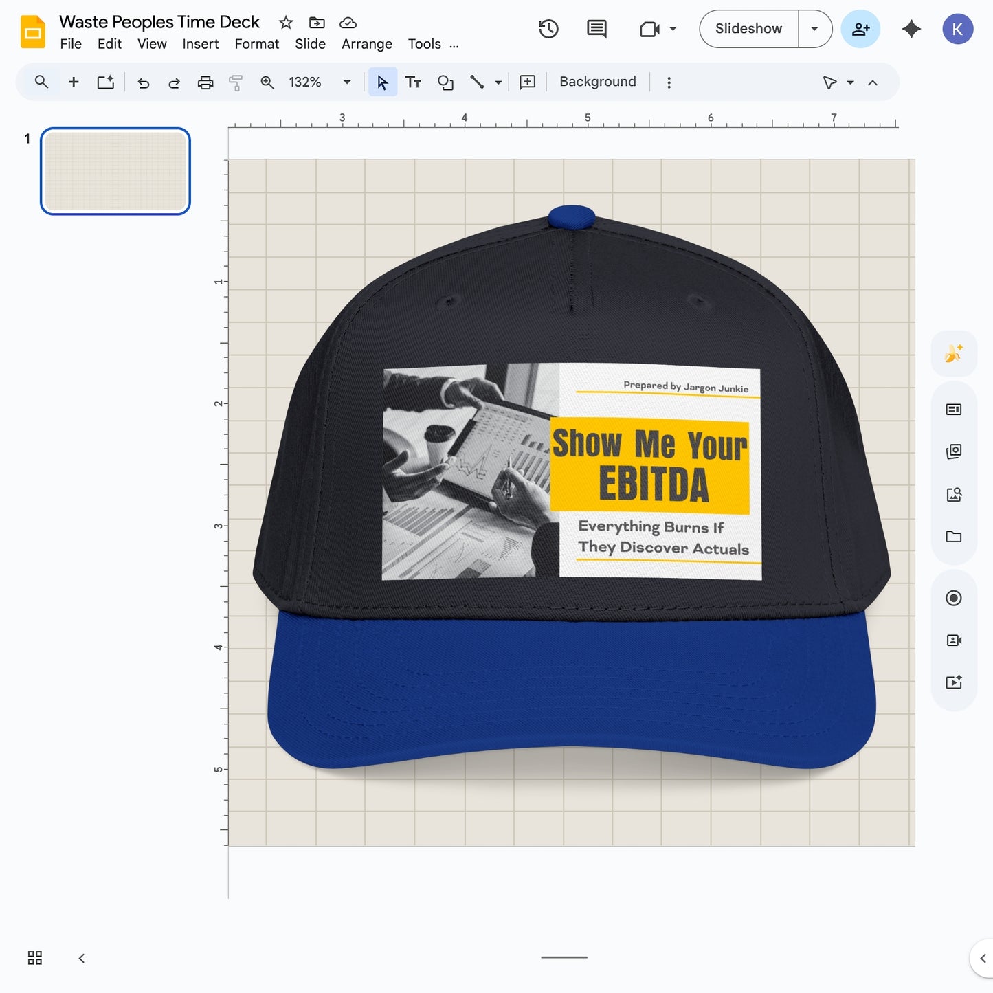 Jargon Junkie navy and royal blue baseball cap with Show Me Your EBITDA graphic corporate finance humor design