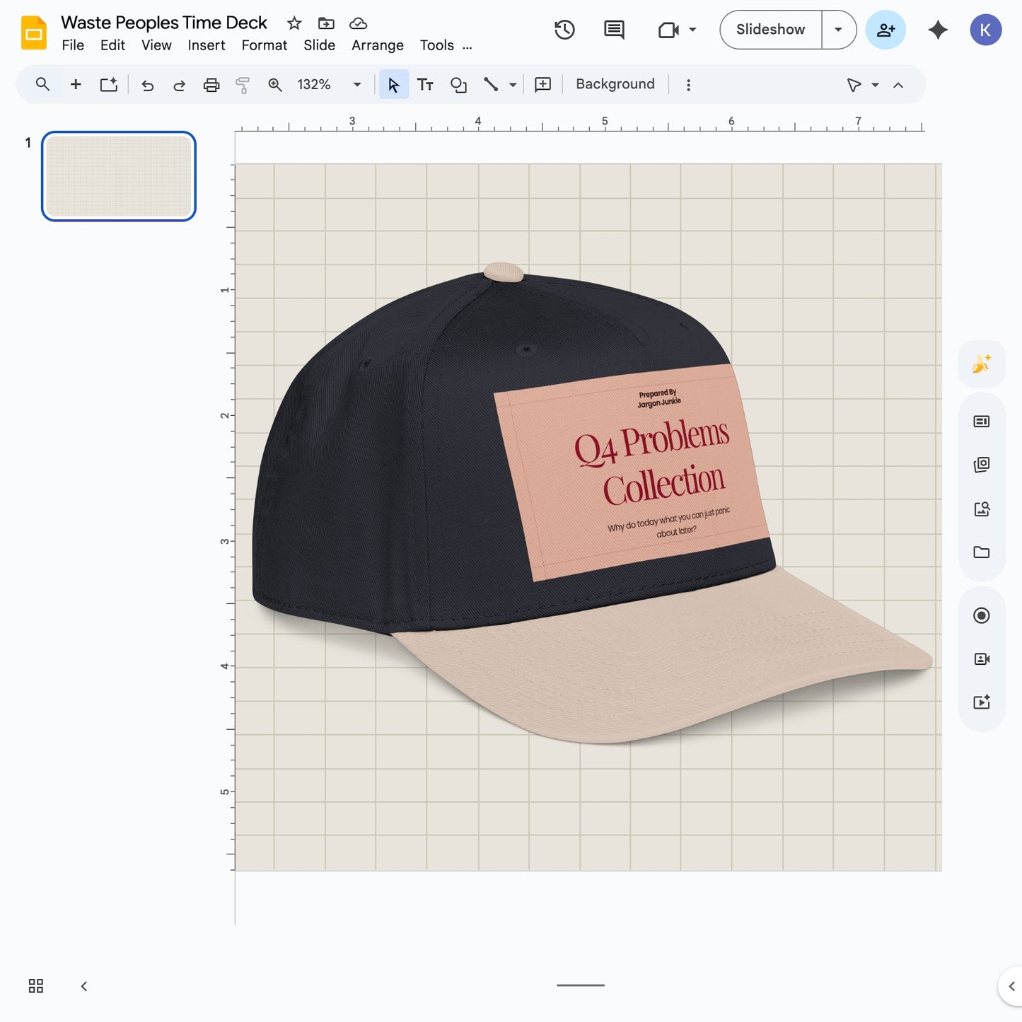 Jargon Junkie navy blue and khaki baseball cap with Q4 Problems Collection graphic corporate humor design