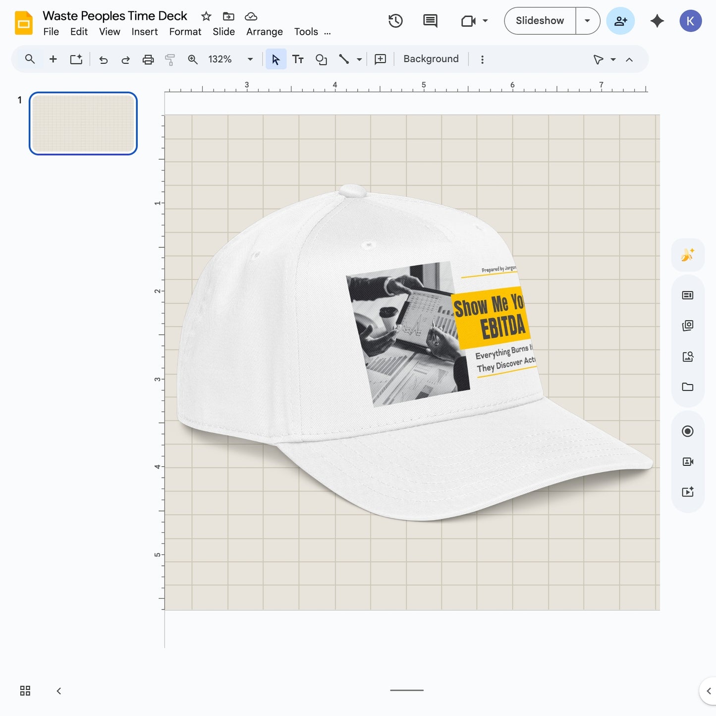 Jargon Junkie white baseball cap angled view with Show Me Your EBITDA graphic corporate finance humor design