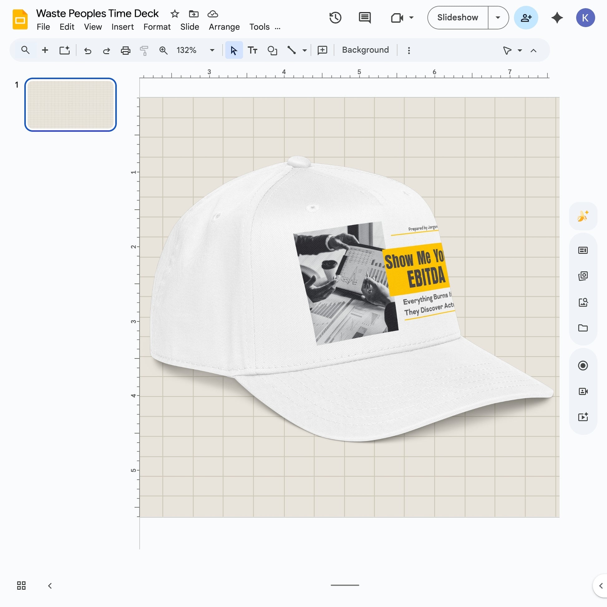 Jargon Junkie white baseball cap angled view with Show Me Your EBITDA graphic corporate finance humor design