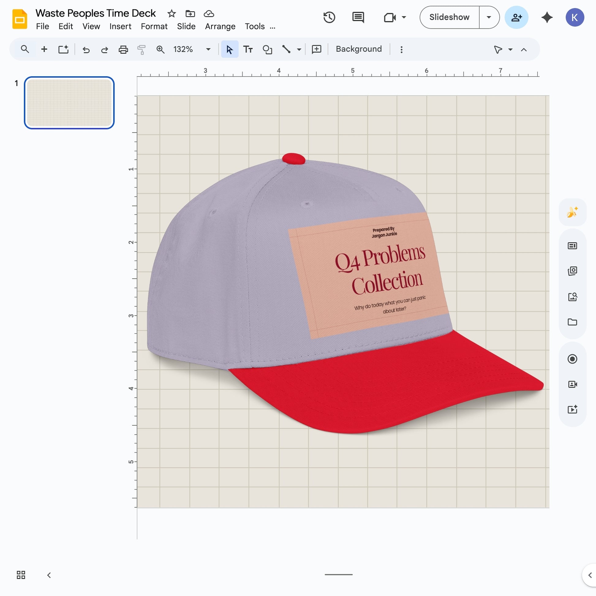 Jargon Junkie gray and red baseball cap with Q4 Problems Collection graphic corporate humor design