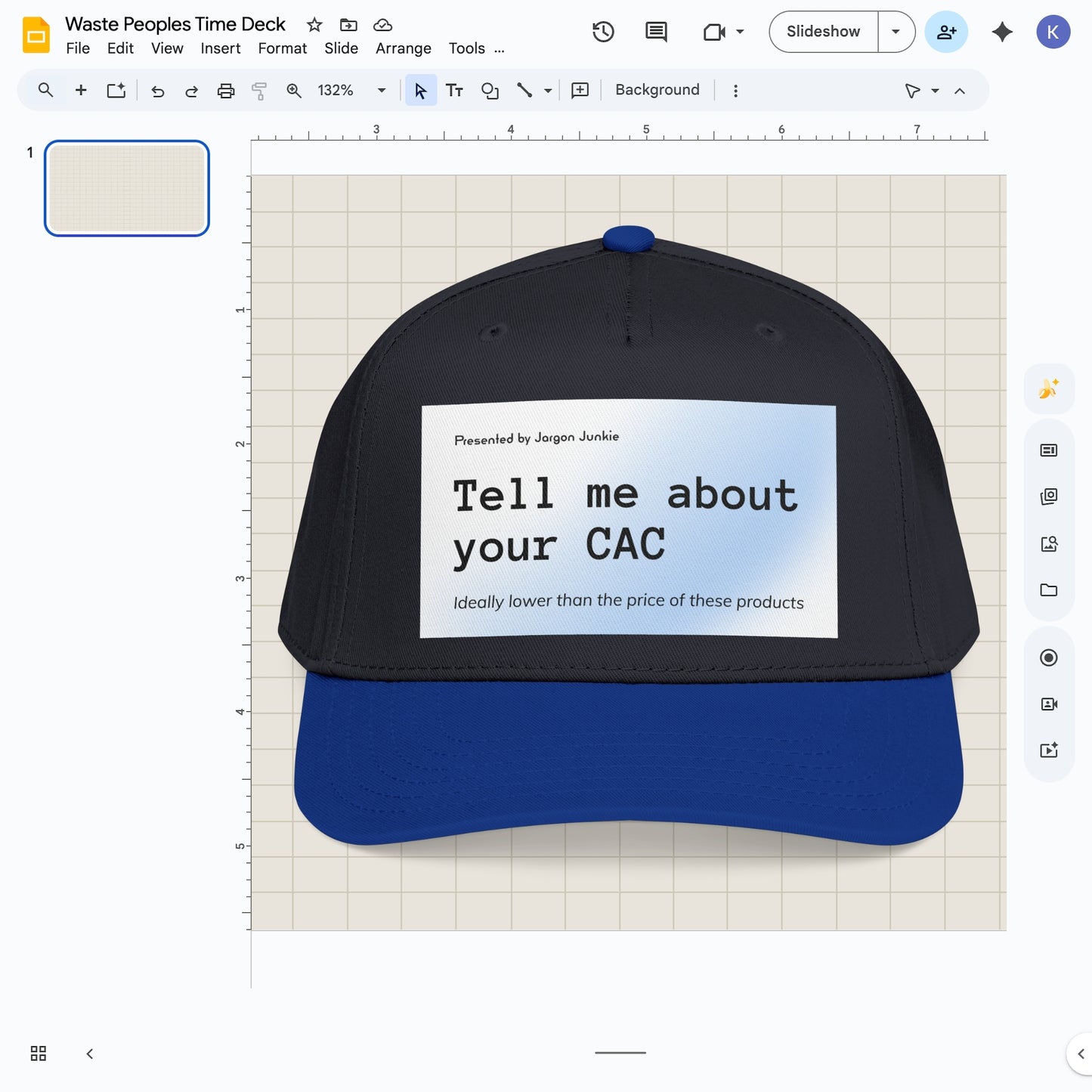 Jargon Junkie navy blue and royal blue baseball cap with Tell Me About Your CAC graphic corporate humor design