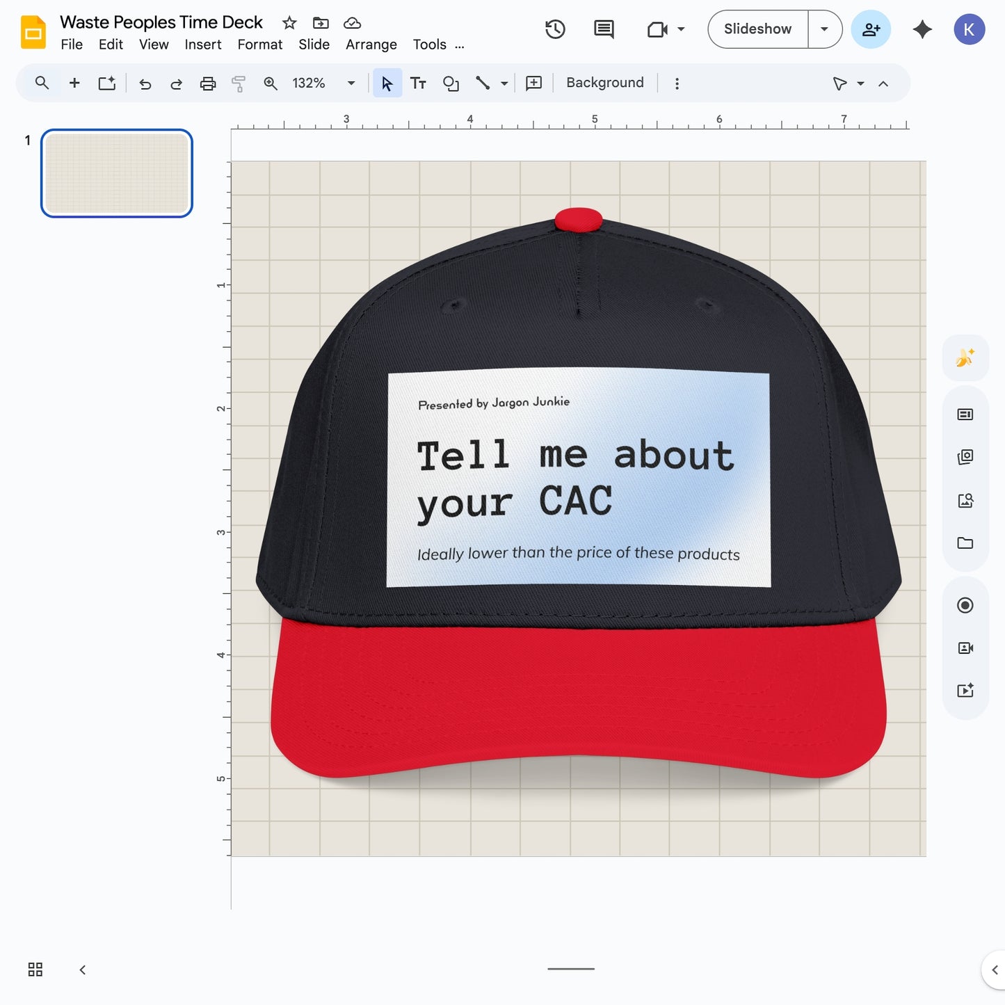 Jargon Junkie navy blue and red baseball cap with Tell Me About Your CAC graphic corporate humor design