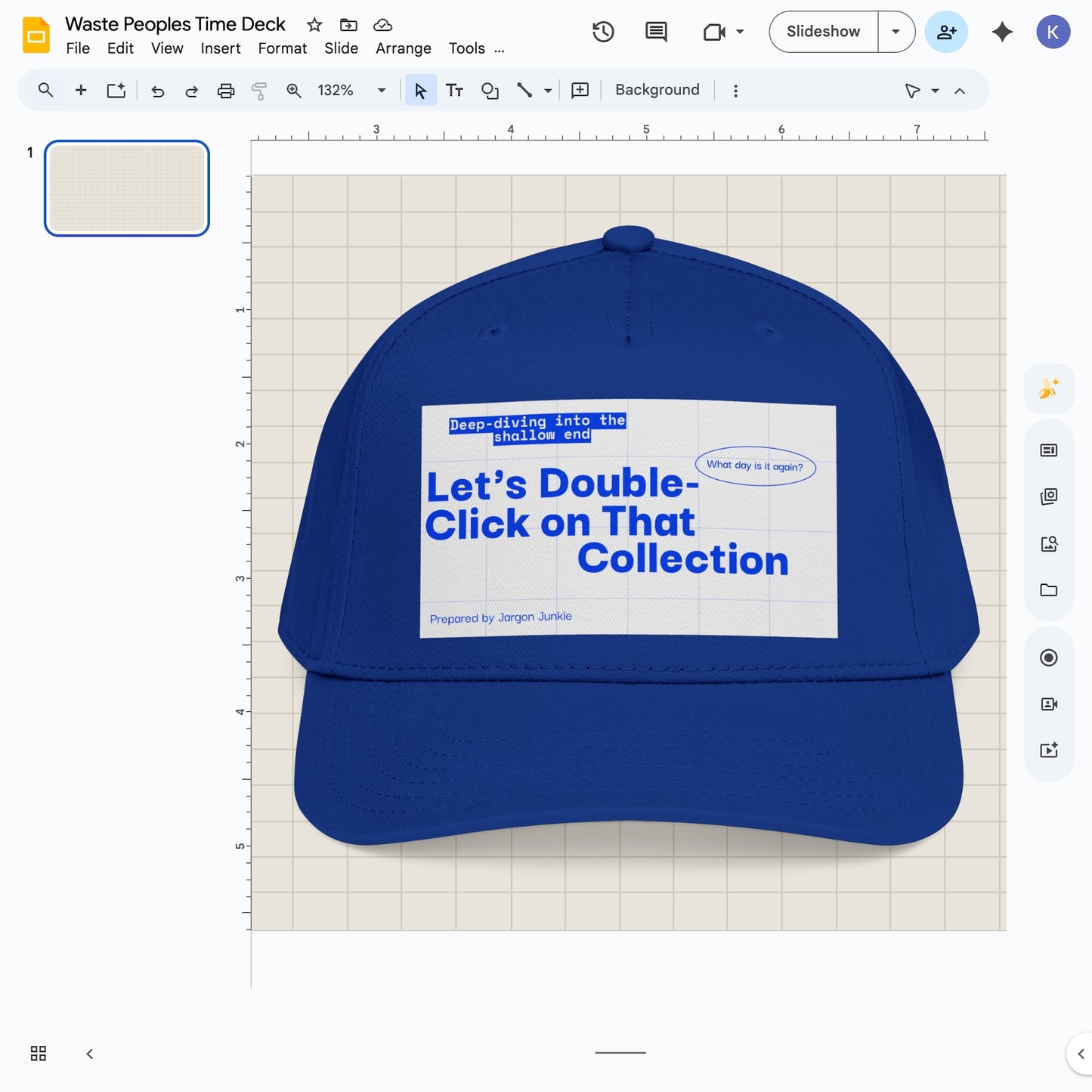Jargon Junkie royal blue baseball cap with slide deck graphic reading Let's Double-Click on That Collection corporate humor design