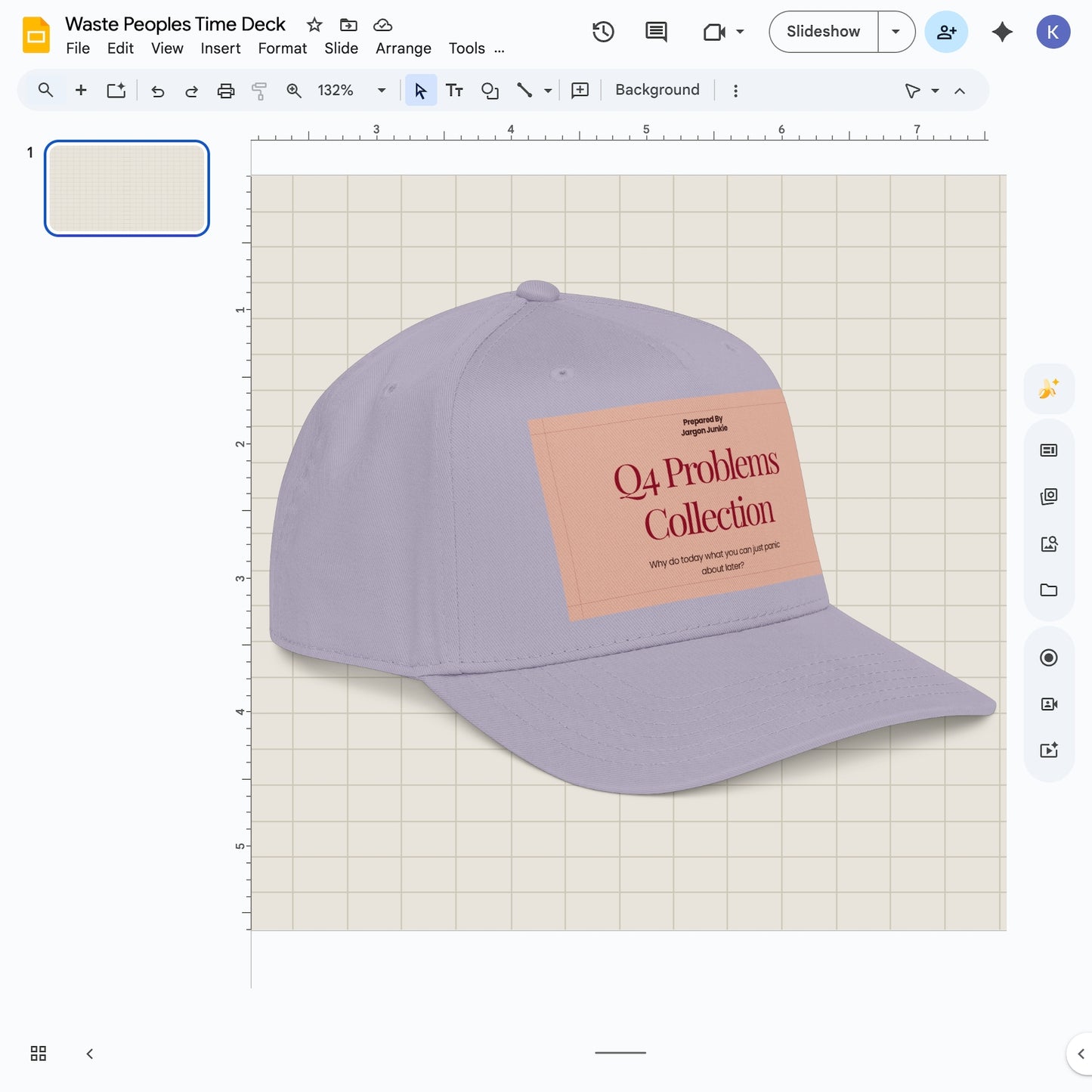 Jargon Junkie gray baseball cap with Q4 Problems Collection graphic corporate humor design