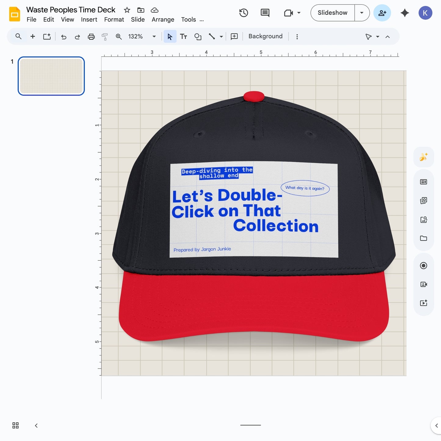 Jargon Junkie black and red baseball cap with slide deck graphic reading Let's Double-Click on That Collection corporate humor design
