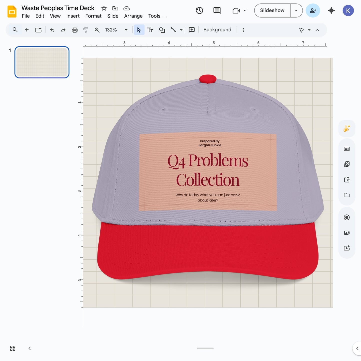 Jargon Junkie gray and red baseball cap with Q4 Problems Collection graphic corporate humor design
