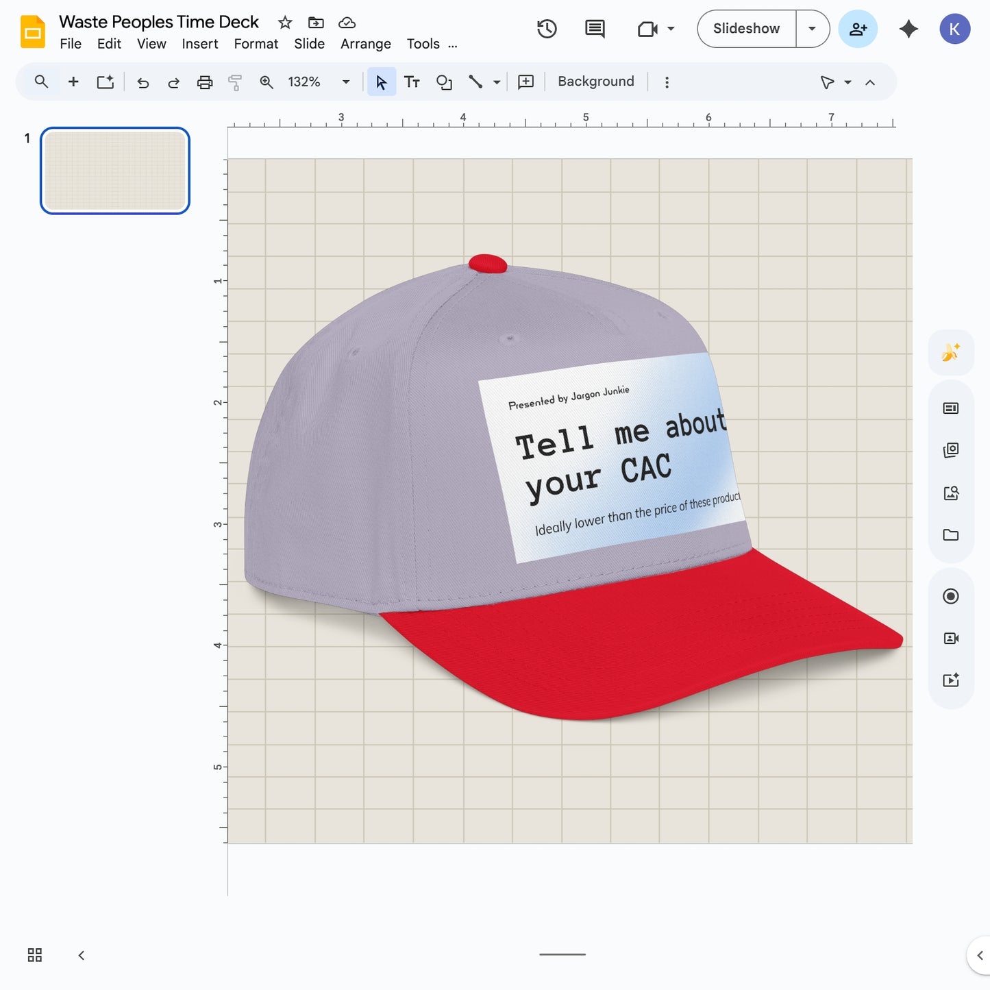 Jargon Junkie gray and red baseball cap angled view with Tell Me About Your CAC graphic corporate humor design
