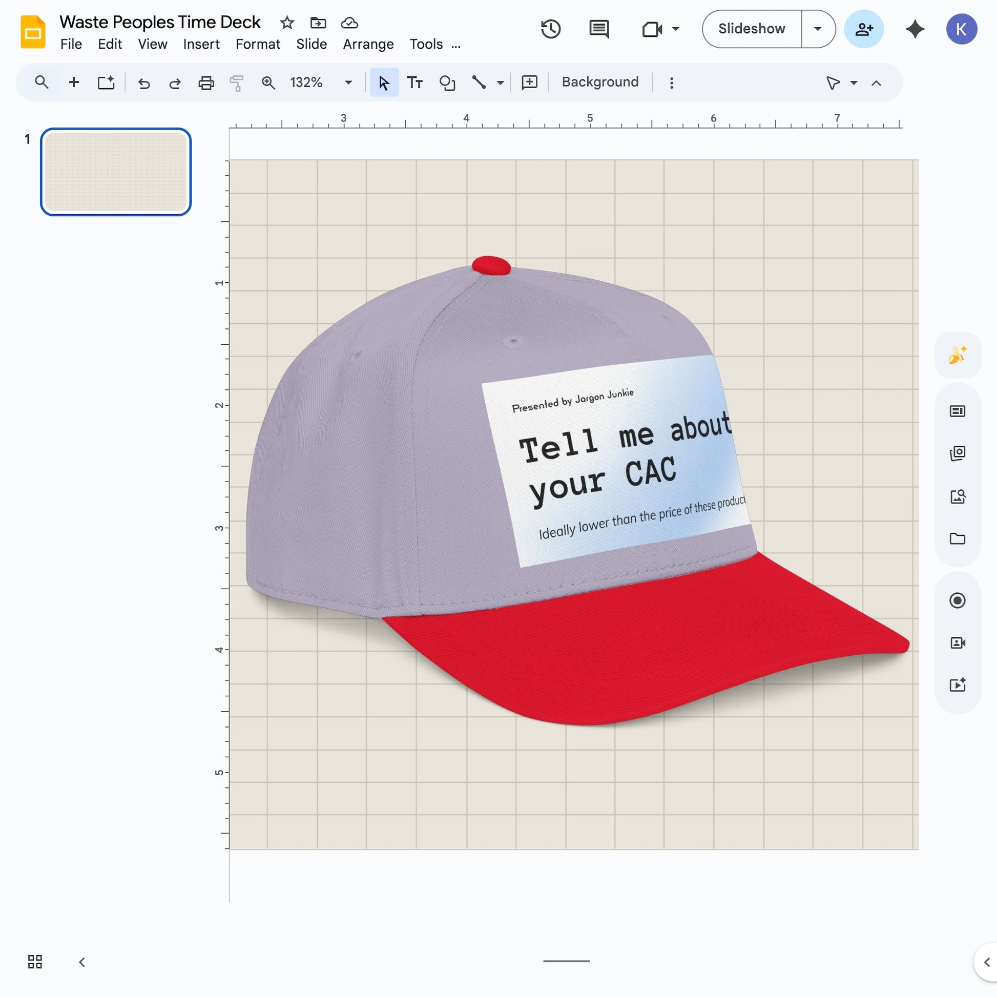 Jargon Junkie gray and red baseball cap angled view with Tell Me About Your CAC graphic corporate humor design