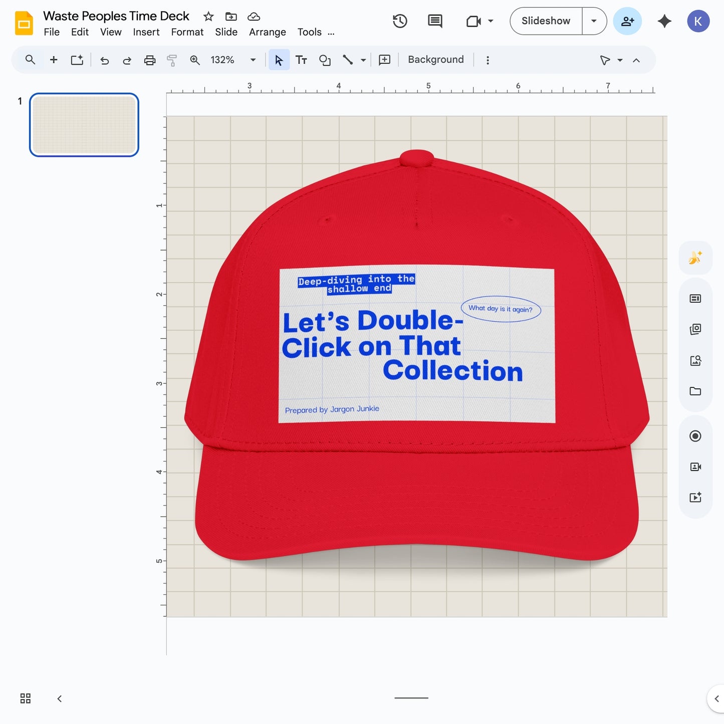 Jargon Junkie red baseball cap with slide deck graphic reading Let's Double-Click on That Collection corporate humor design