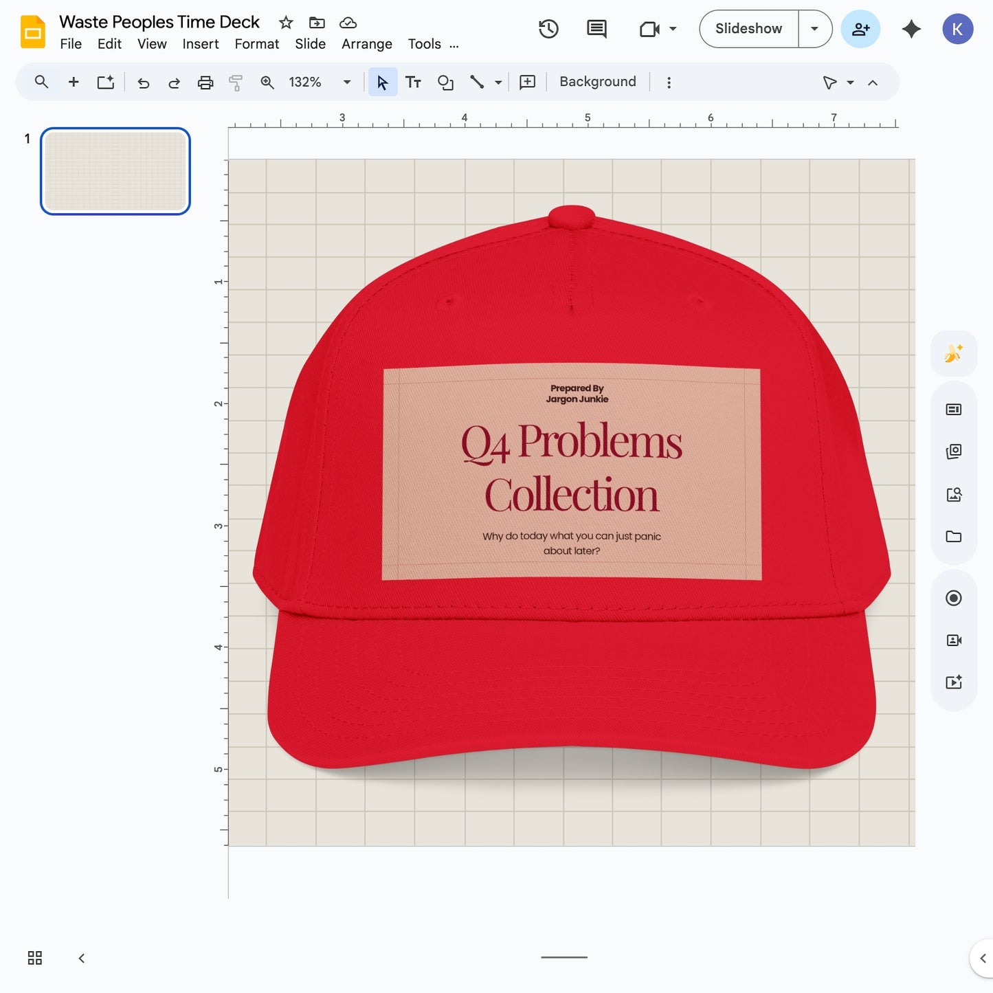 Jargon Junkie red baseball cap with Q4 Problems Collection graphic corporate humor design
