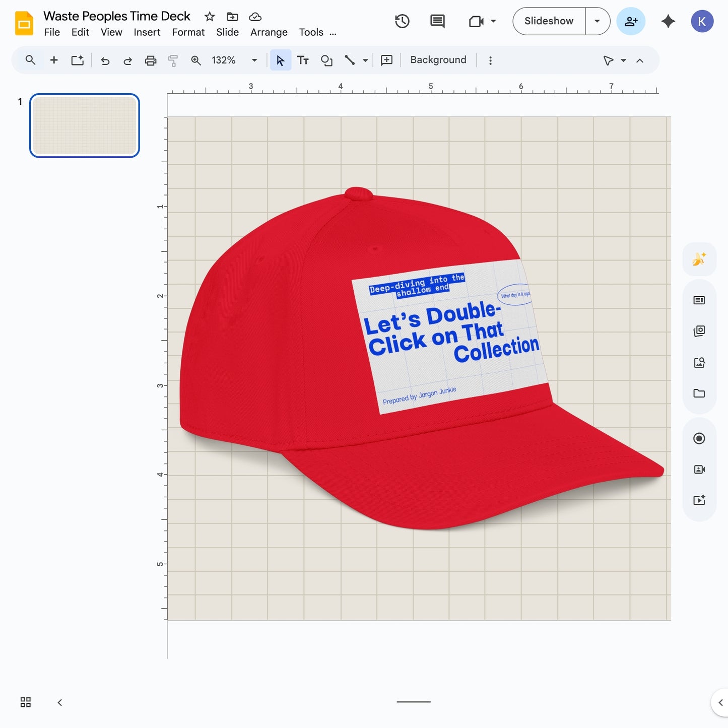 Jargon Junkie red baseball cap angled view with slide deck graphic reading Let's Double-Click on That Collection