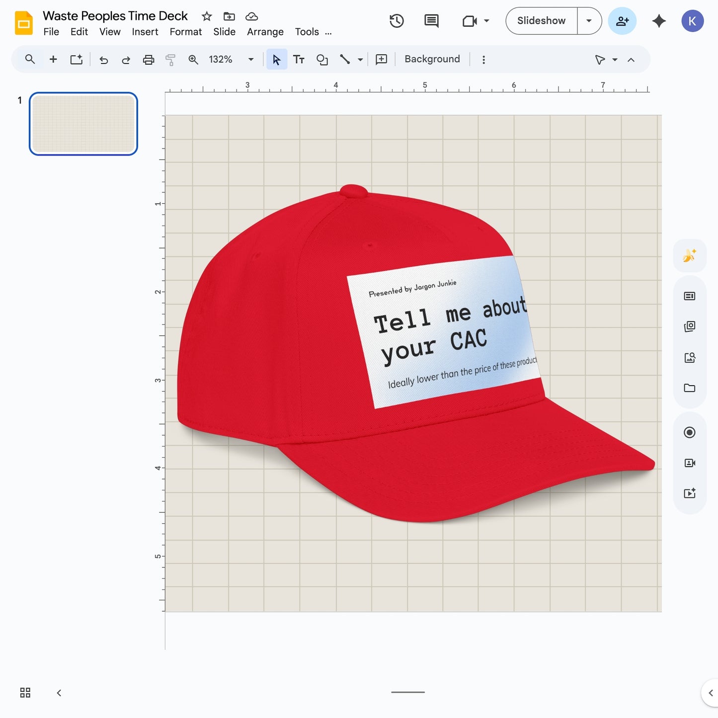 Jargon Junkie red baseball cap angled view with Tell Me About Your CAC graphic corporate humor design