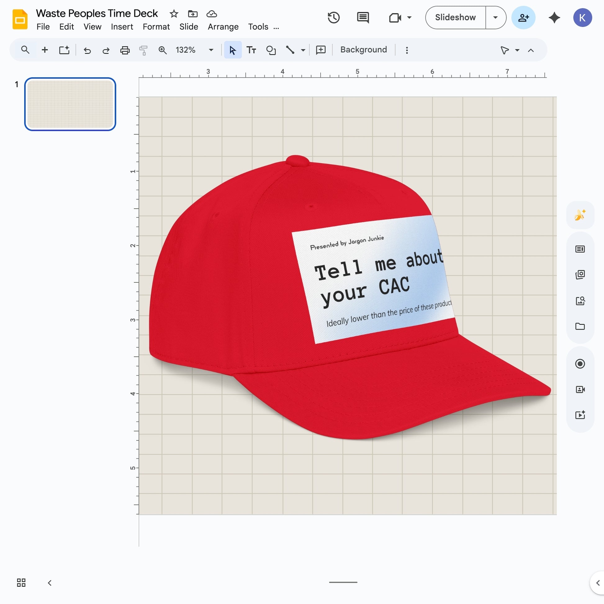 Jargon Junkie red baseball cap angled view with Tell Me About Your CAC graphic corporate humor design