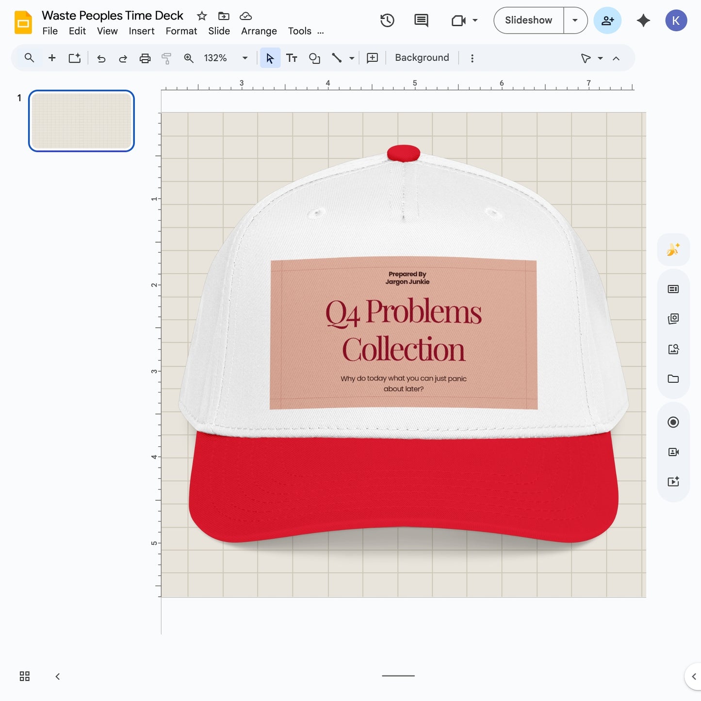 Jargon Junkie white and red baseball cap with Q4 Problems Collection graphic corporate humor design