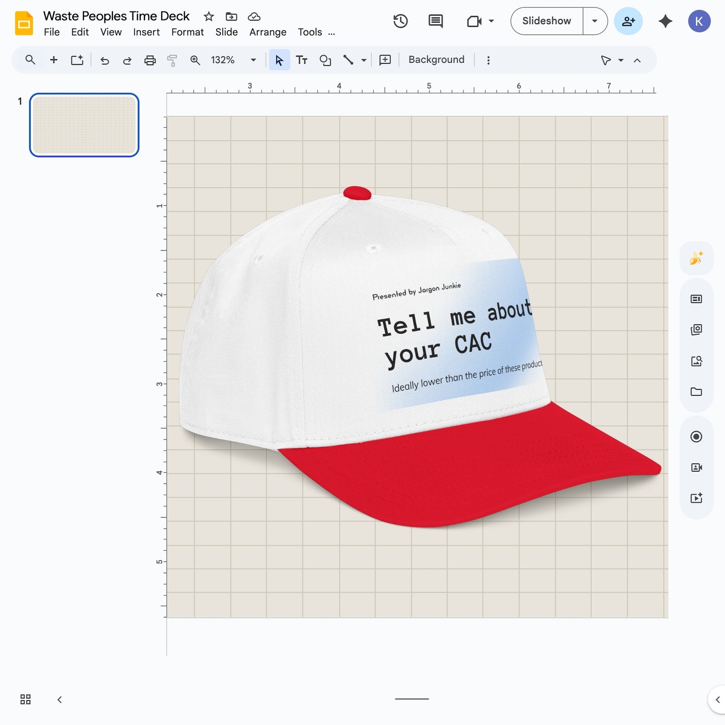 Jargon Junkie white and red baseball cap angled view with Tell Me About Your CAC graphic corporate humor design