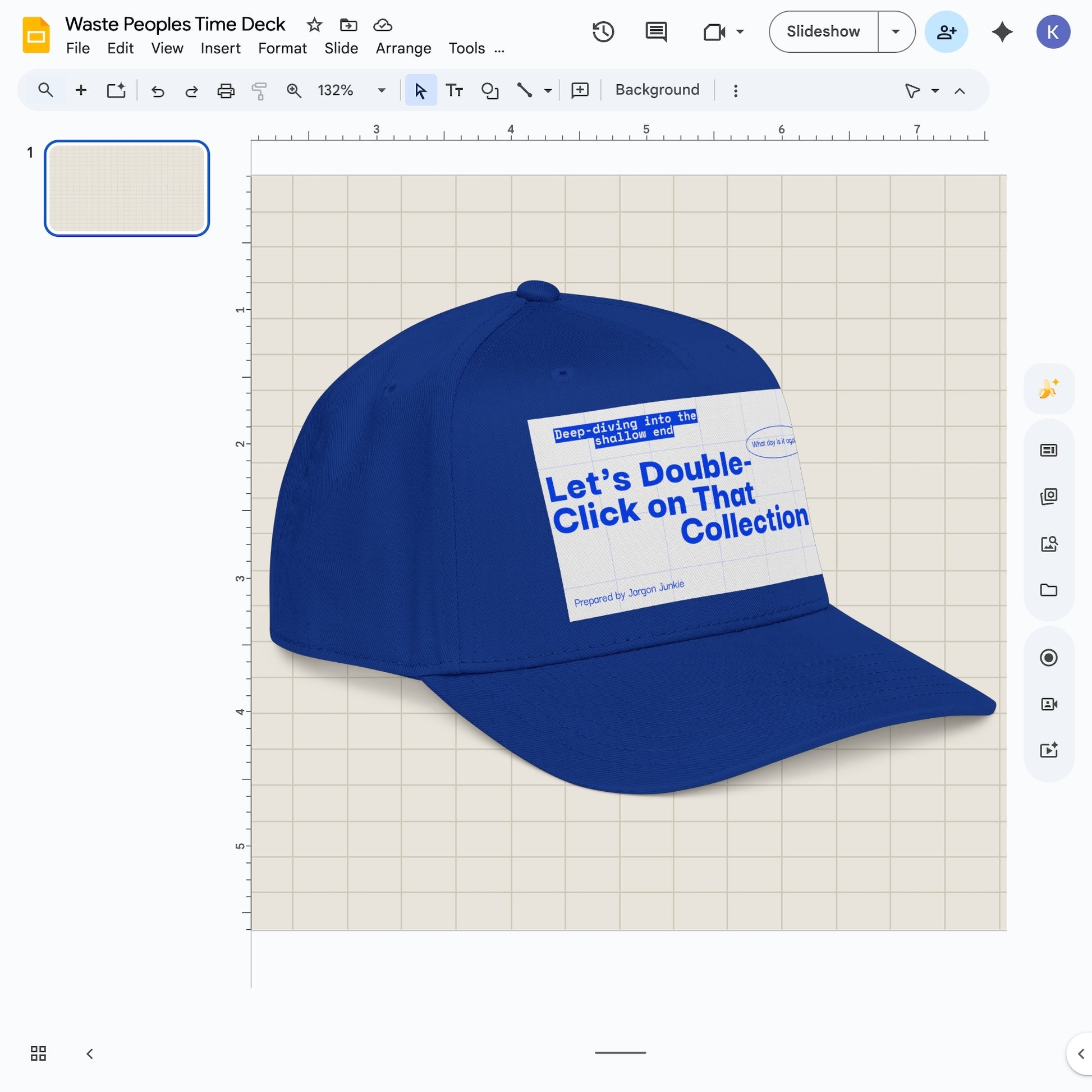 Jargon Junkie royal blue baseball cap angled view with slide deck graphic reading Let's Double-Click on That Collection