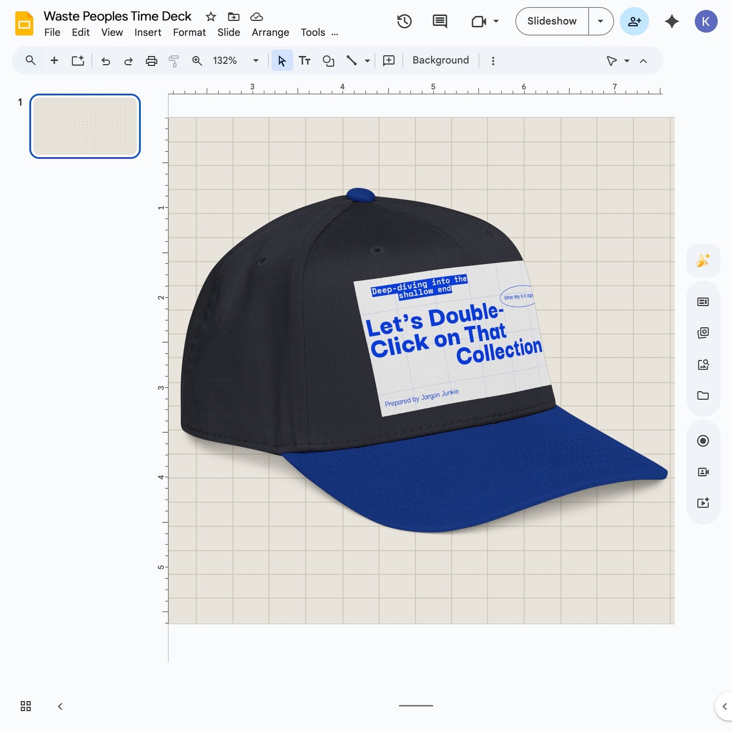 Jargon Junkie black and blue baseball cap angled view with slide deck graphic reading Let's Double-Click on That Collection