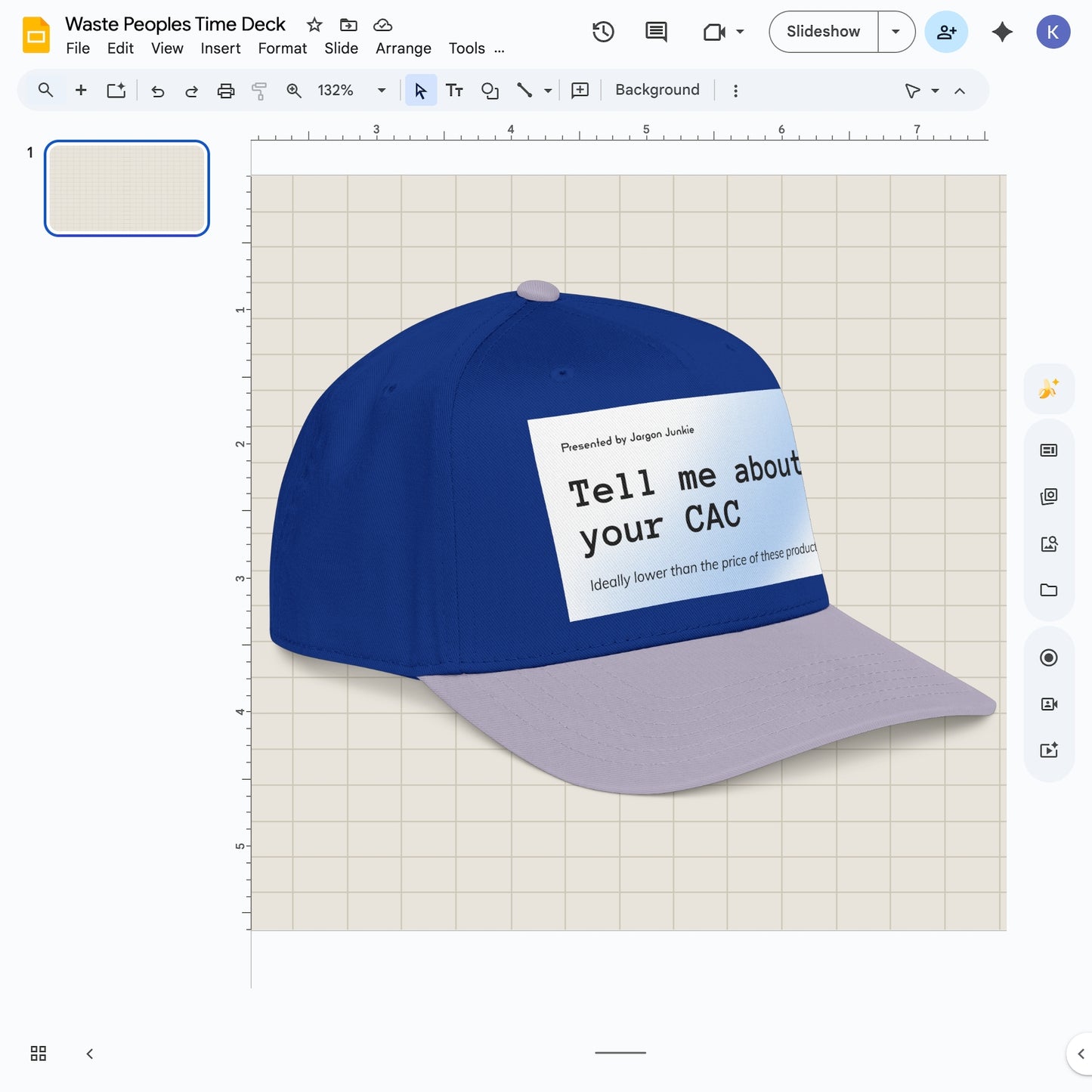 Jargon Junkie royal blue and gray baseball cap angled view with Tell Me About Your CAC graphic corporate humor design