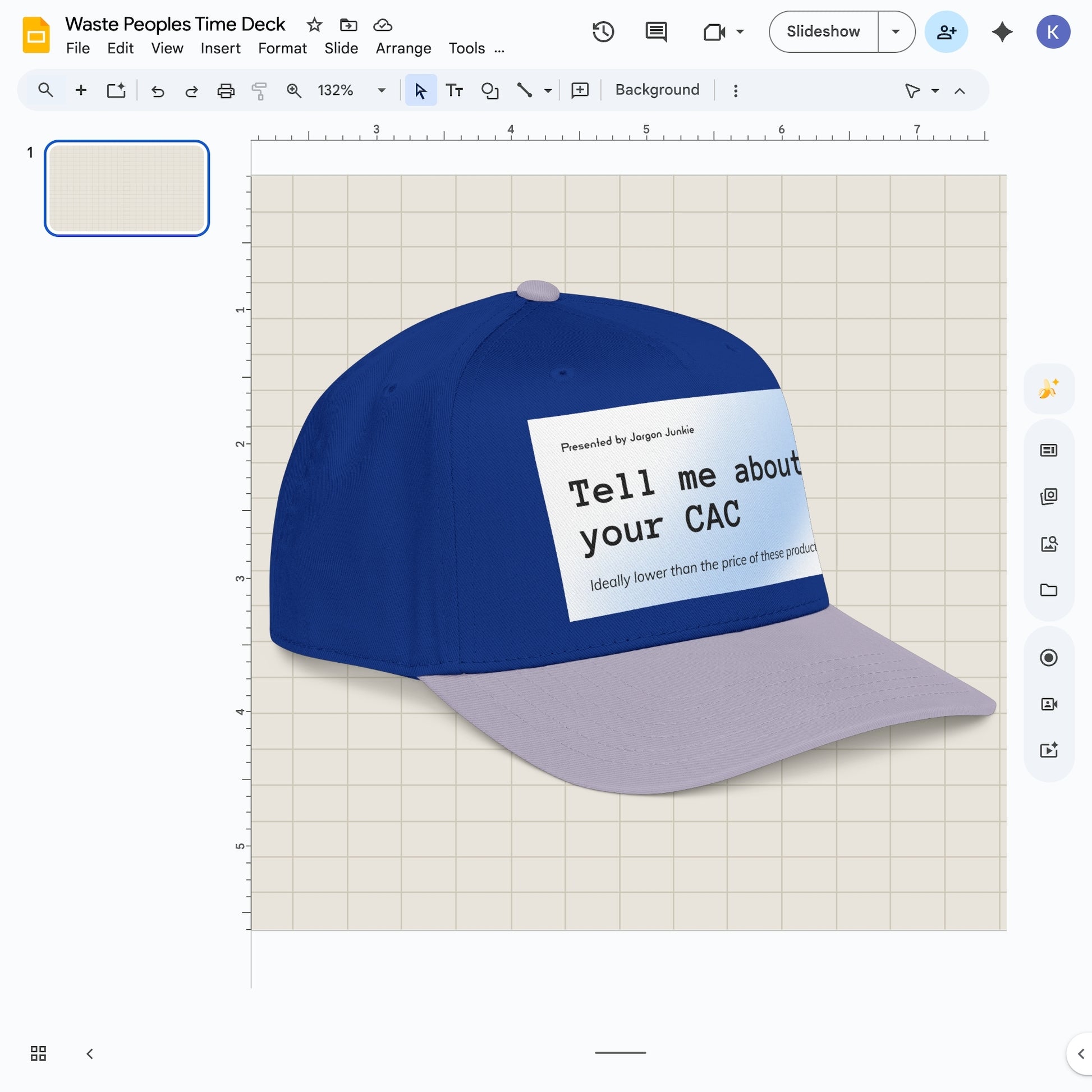 Jargon Junkie royal blue and gray baseball cap angled view with Tell Me About Your CAC graphic corporate humor design