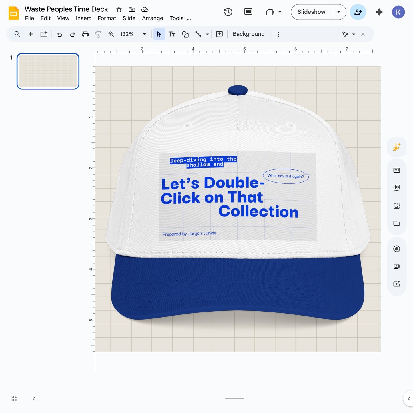 Jargon Junkie white and blue baseball cap with slide deck graphic reading Let's Double-Click on That Collection corporate humor design