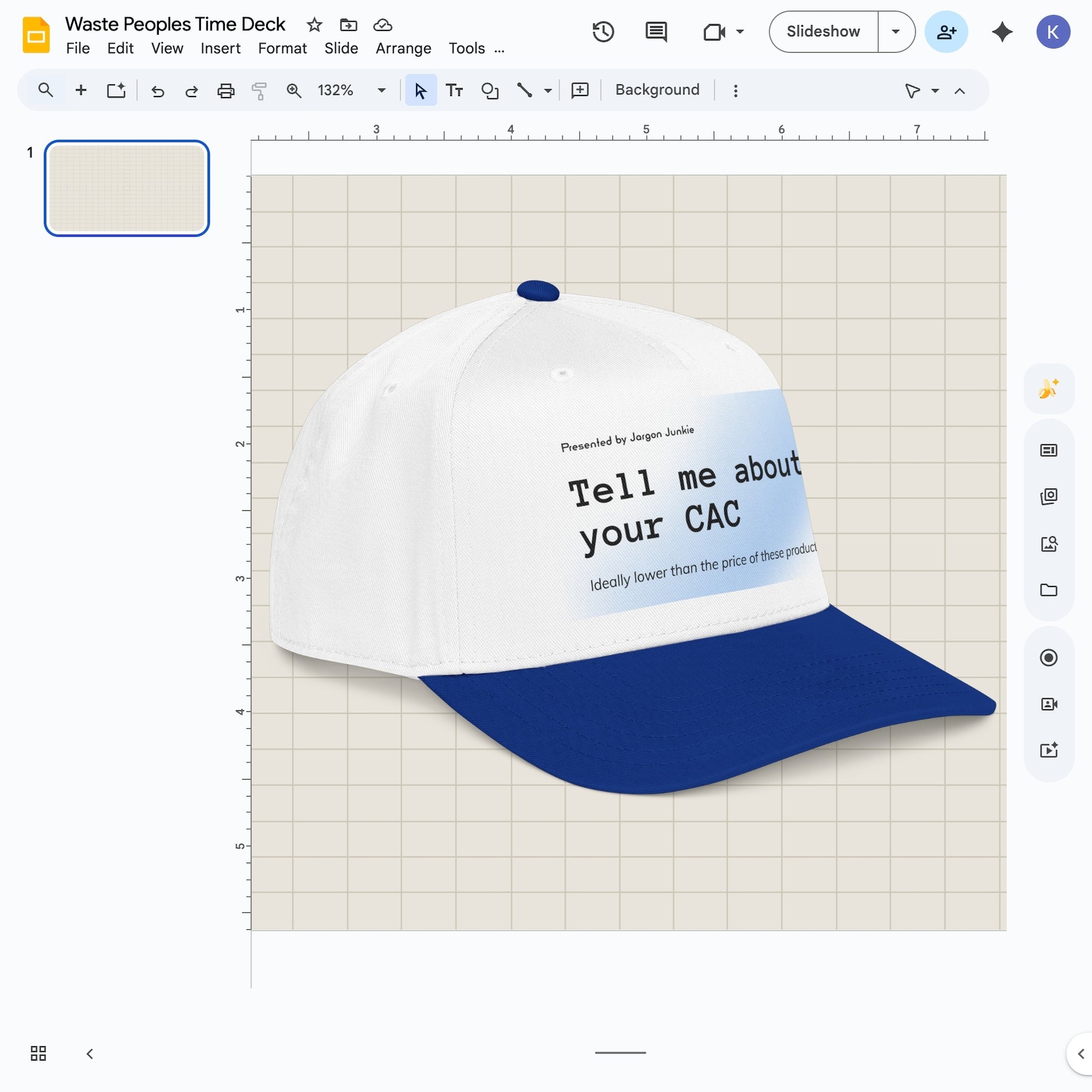 Jargon Junkie white and royal blue baseball cap angled view with Tell Me About Your CAC graphic corporate humor design
