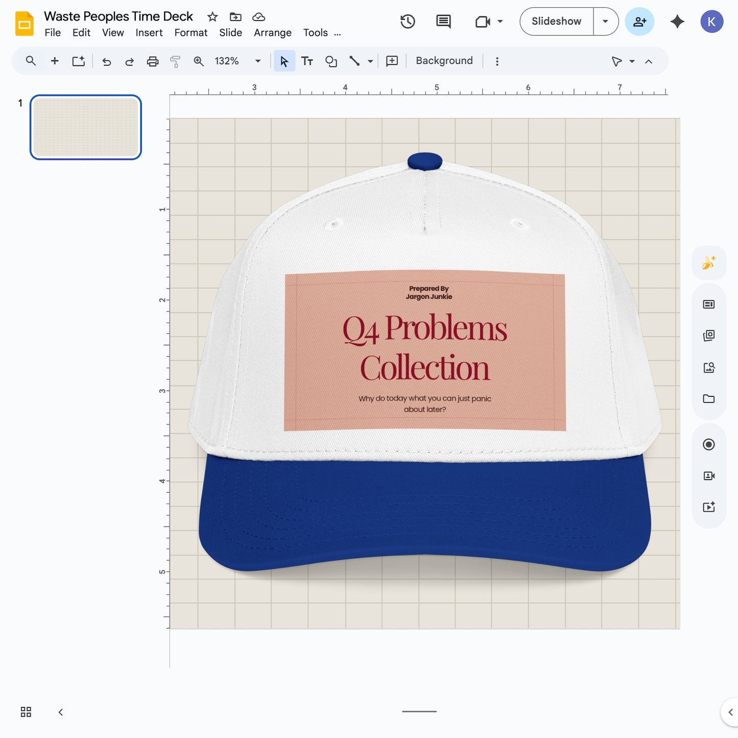 Jargon Junkie white and royal blue baseball cap with Q4 Problems Collection graphic corporate humor design