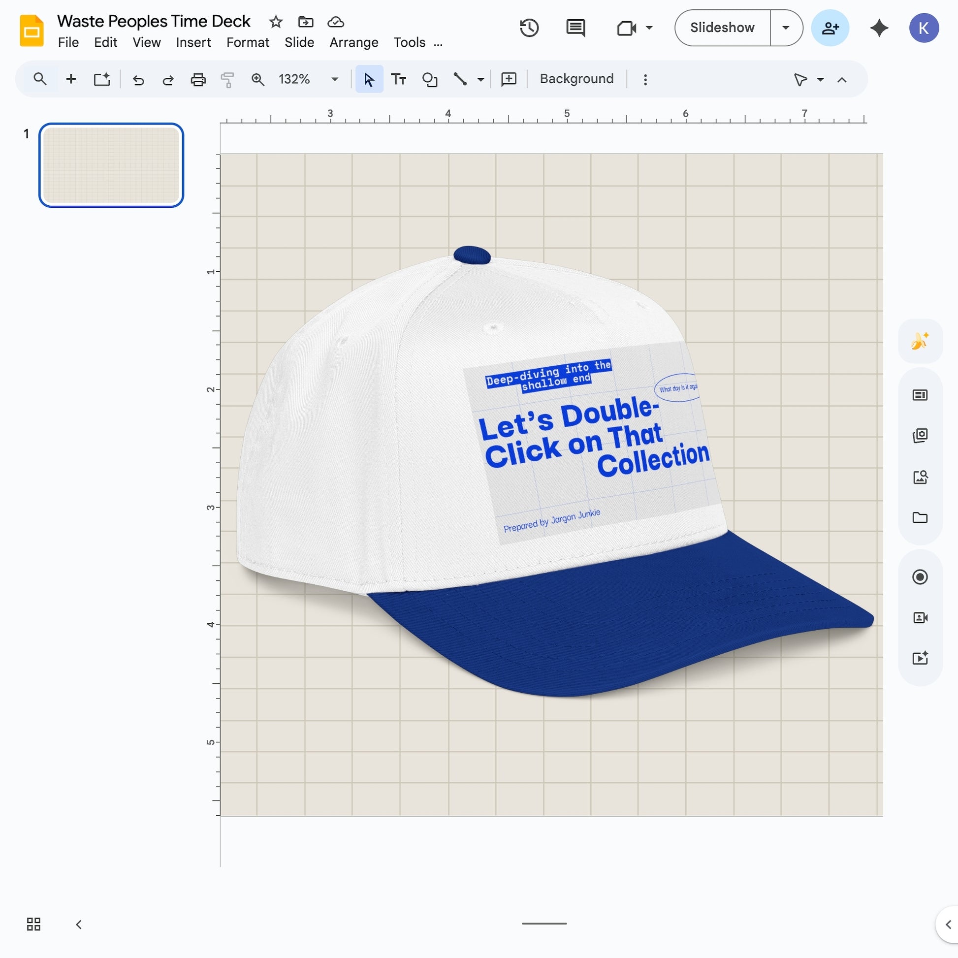 Jargon Junkie white and blue baseball cap angled view with slide deck graphic reading Let's Double-Click on That Collection