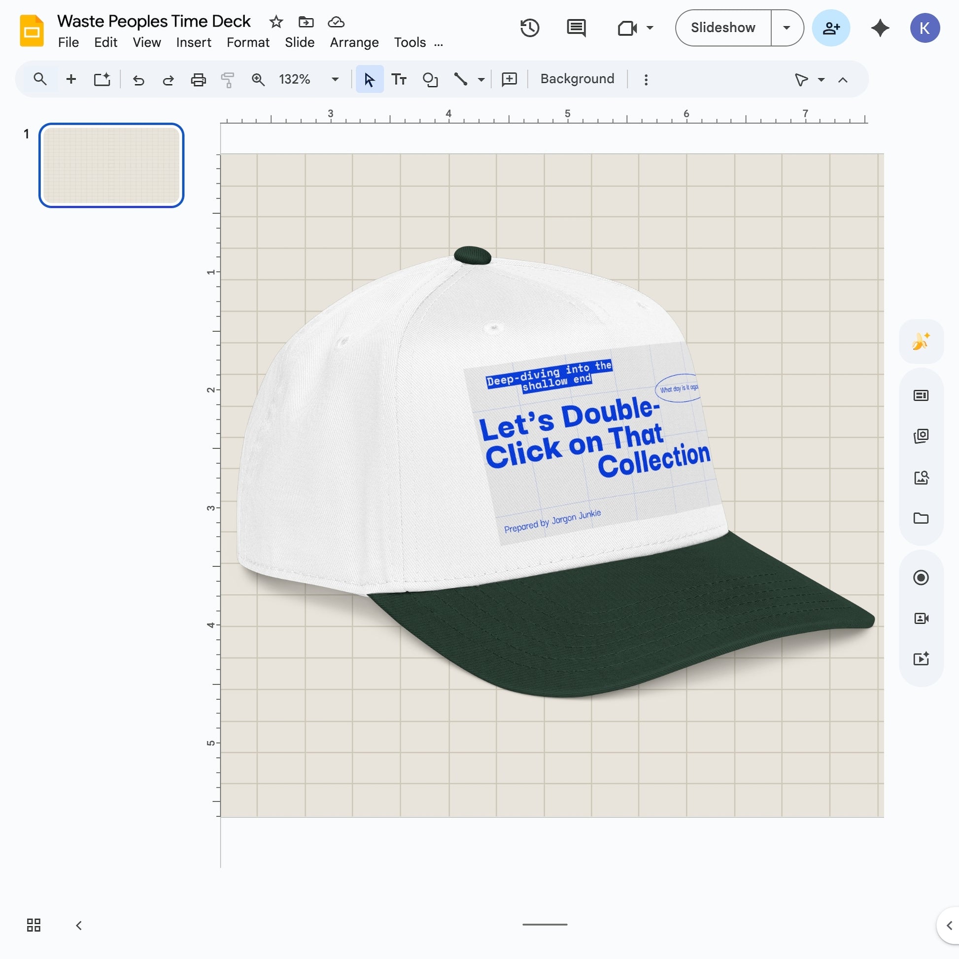 Jargon Junkie white and green baseball cap angled view with slide deck graphic reading Let's Double-Click on That Collection