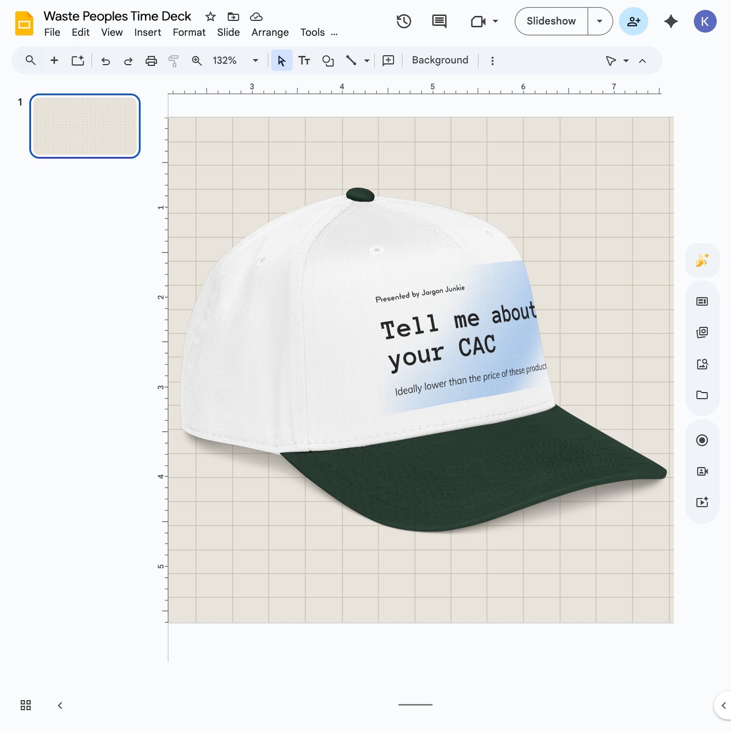 Jargon Junkie white and dark green baseball cap angled view with Tell Me About Your CAC graphic corporate humor design