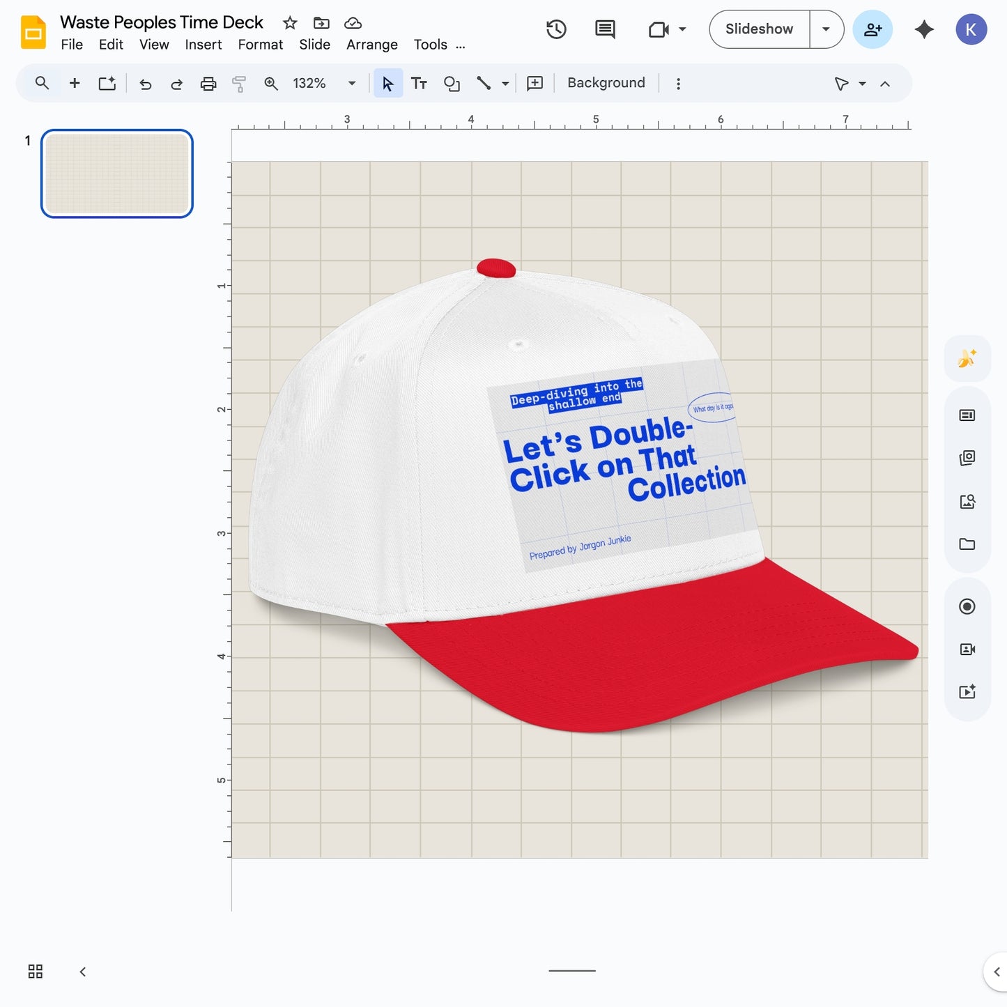 Jargon Junkie white and red baseball cap angled view with slide deck graphic reading Let's Double-Click on That Collection