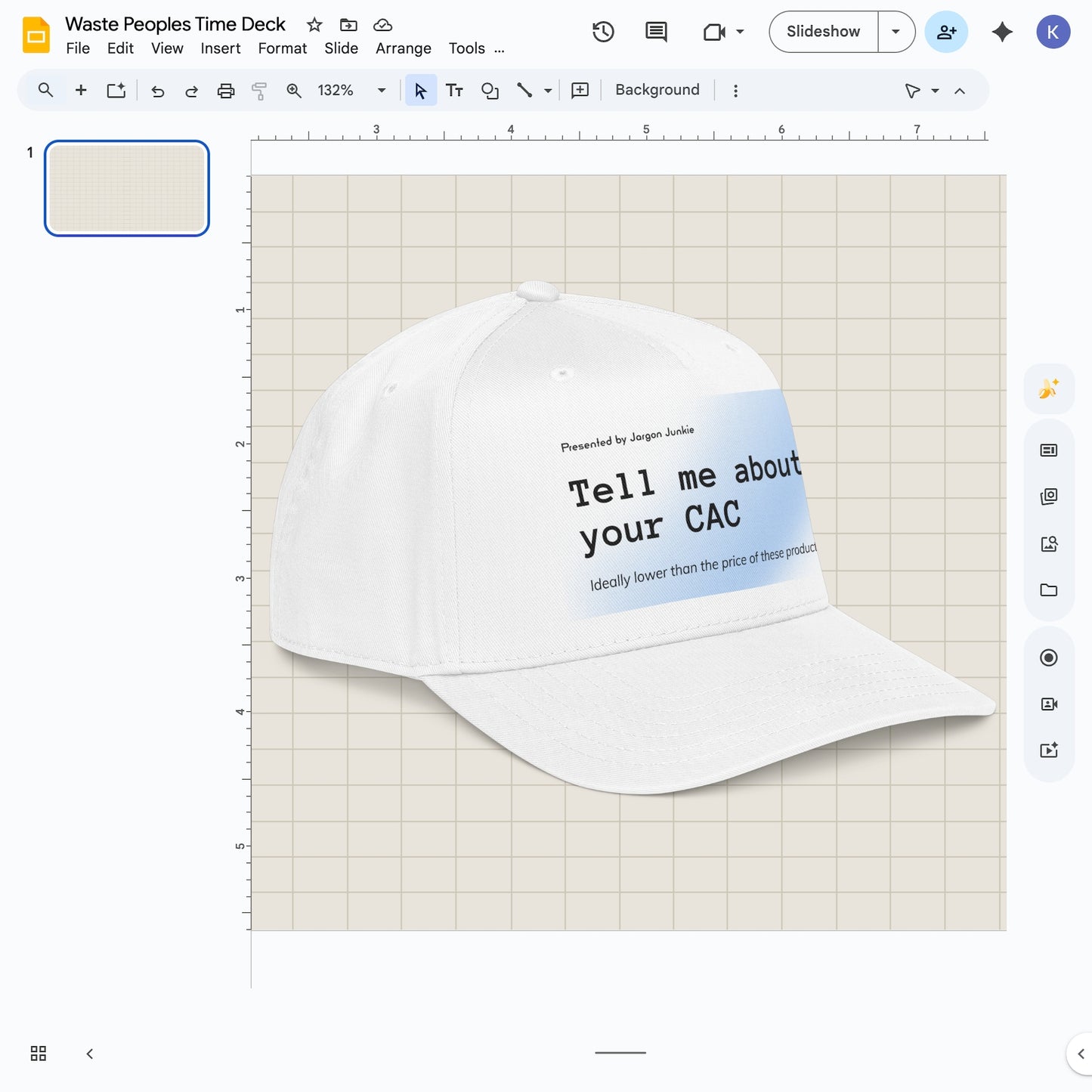 Jargon Junkie white baseball cap angled view with Tell Me About Your CAC graphic corporate humor design