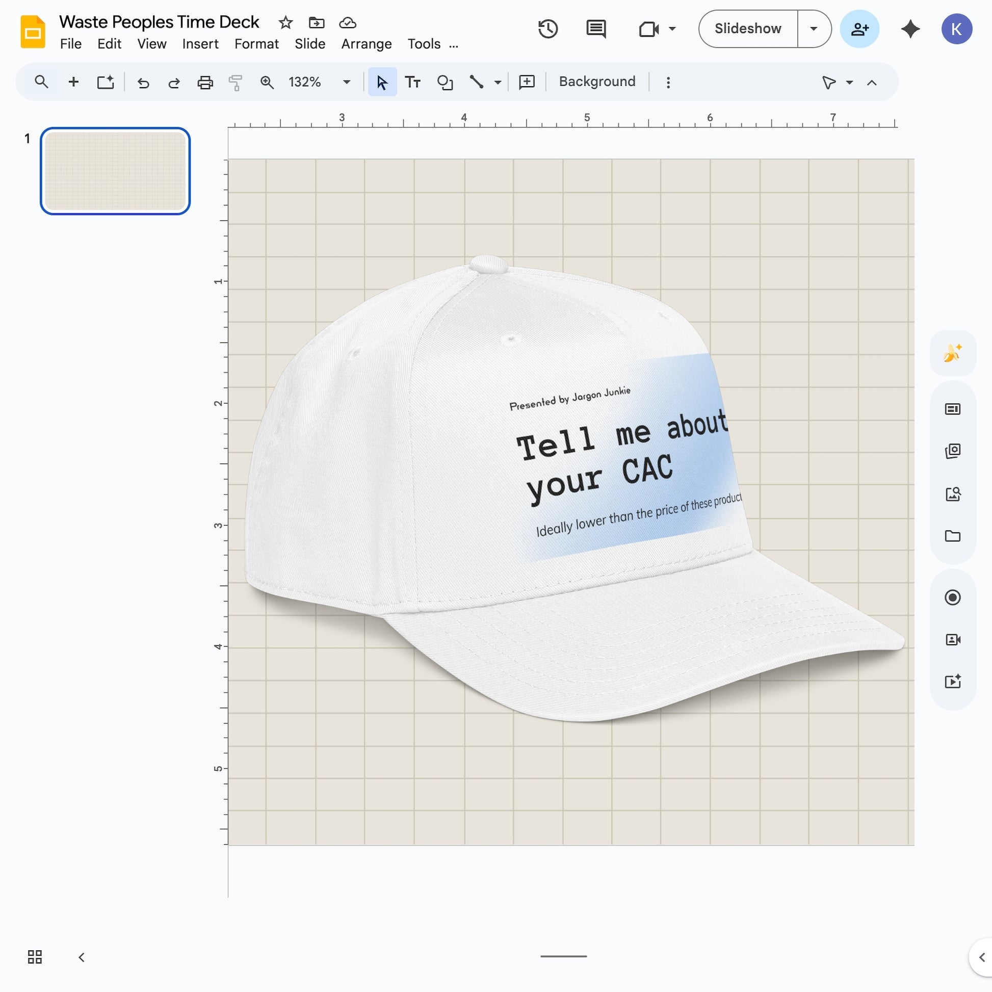 Jargon Junkie white baseball cap angled view with Tell Me About Your CAC graphic corporate humor design
