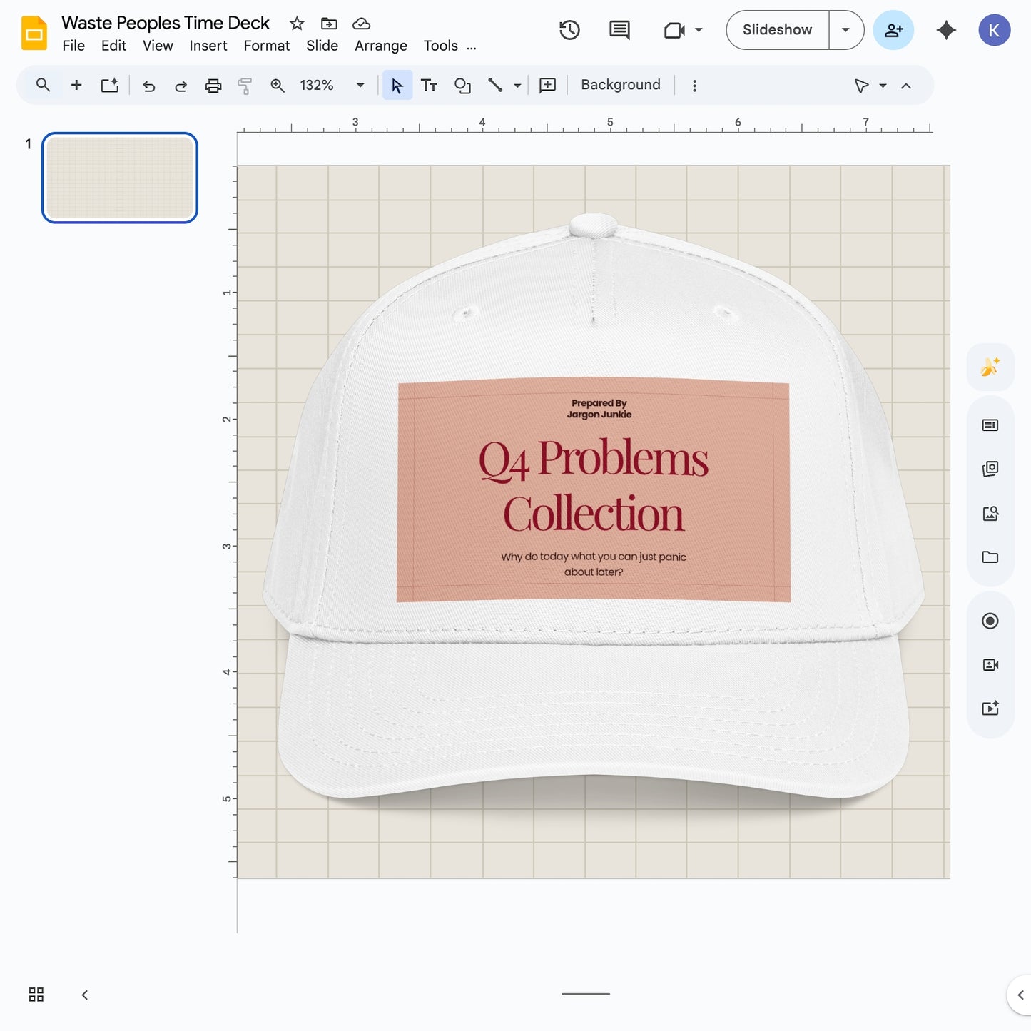 Jargon Junkie white baseball cap with Q4 Problems Collection graphic corporate humor design